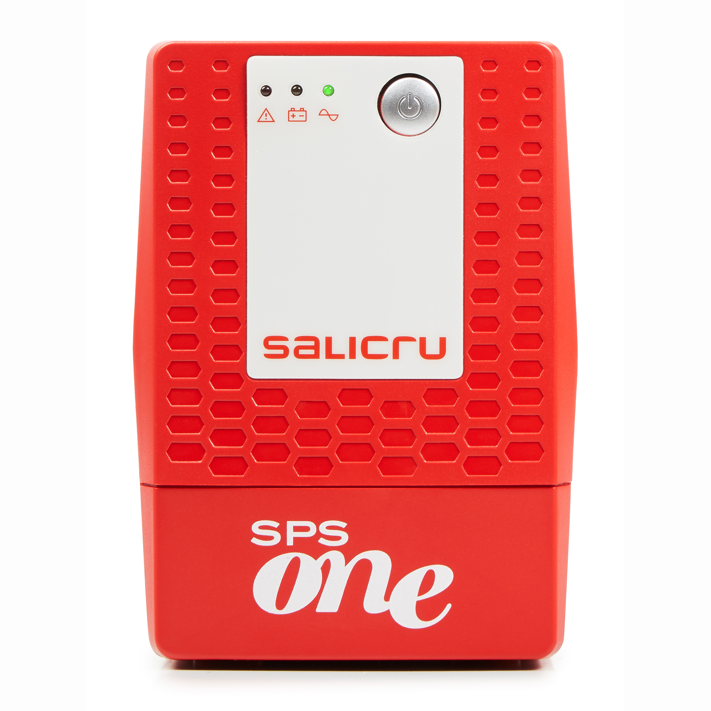 Dispositivo SAI rojo Salicru SPS One. Tiene un botón de encendido, luces de estado y un panel blanco con la marca.