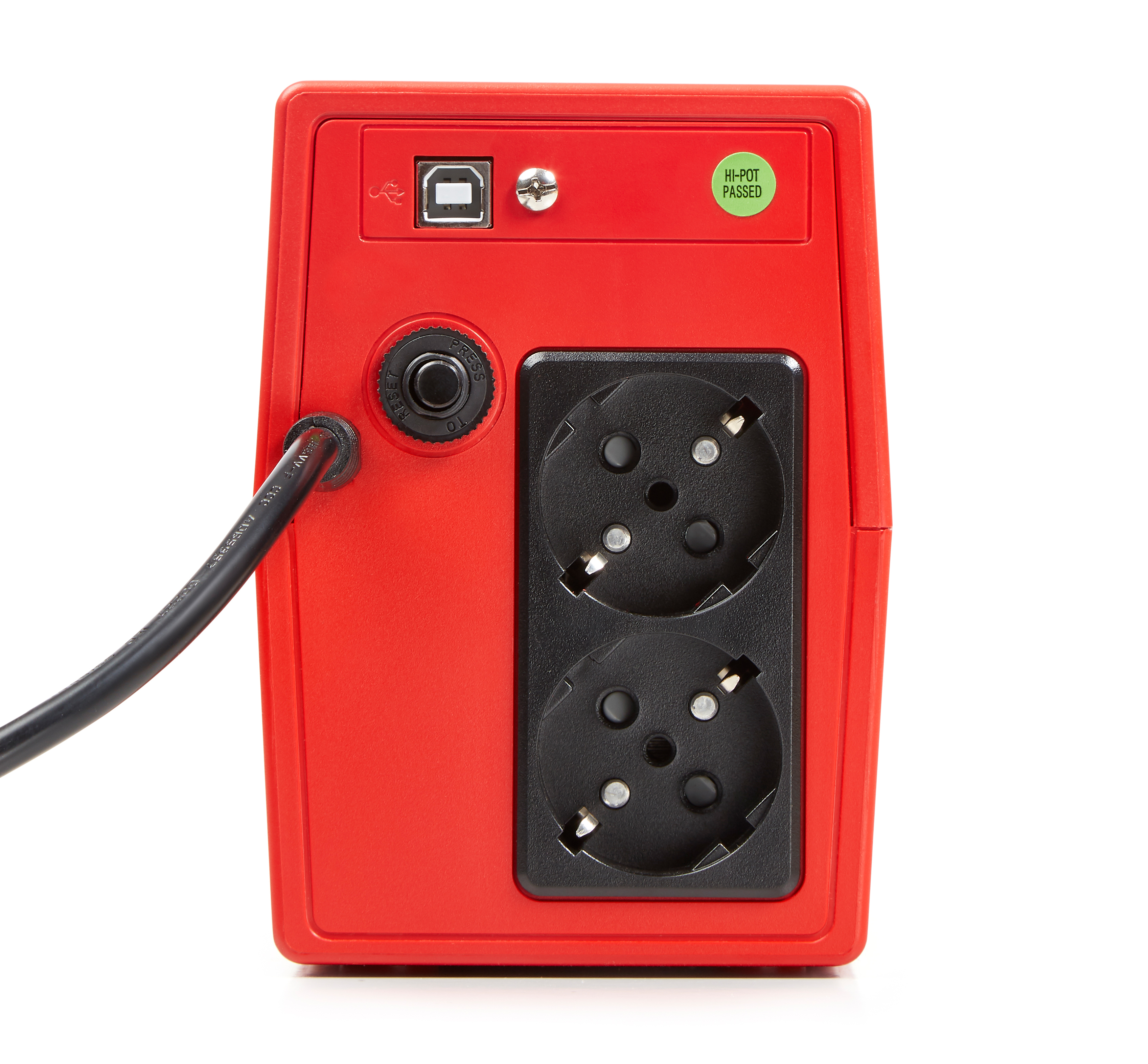 Fuente de alimentación roja con dos enchufes, puerto USB y cable de alimentación negro. Tiene una pegatina verde.