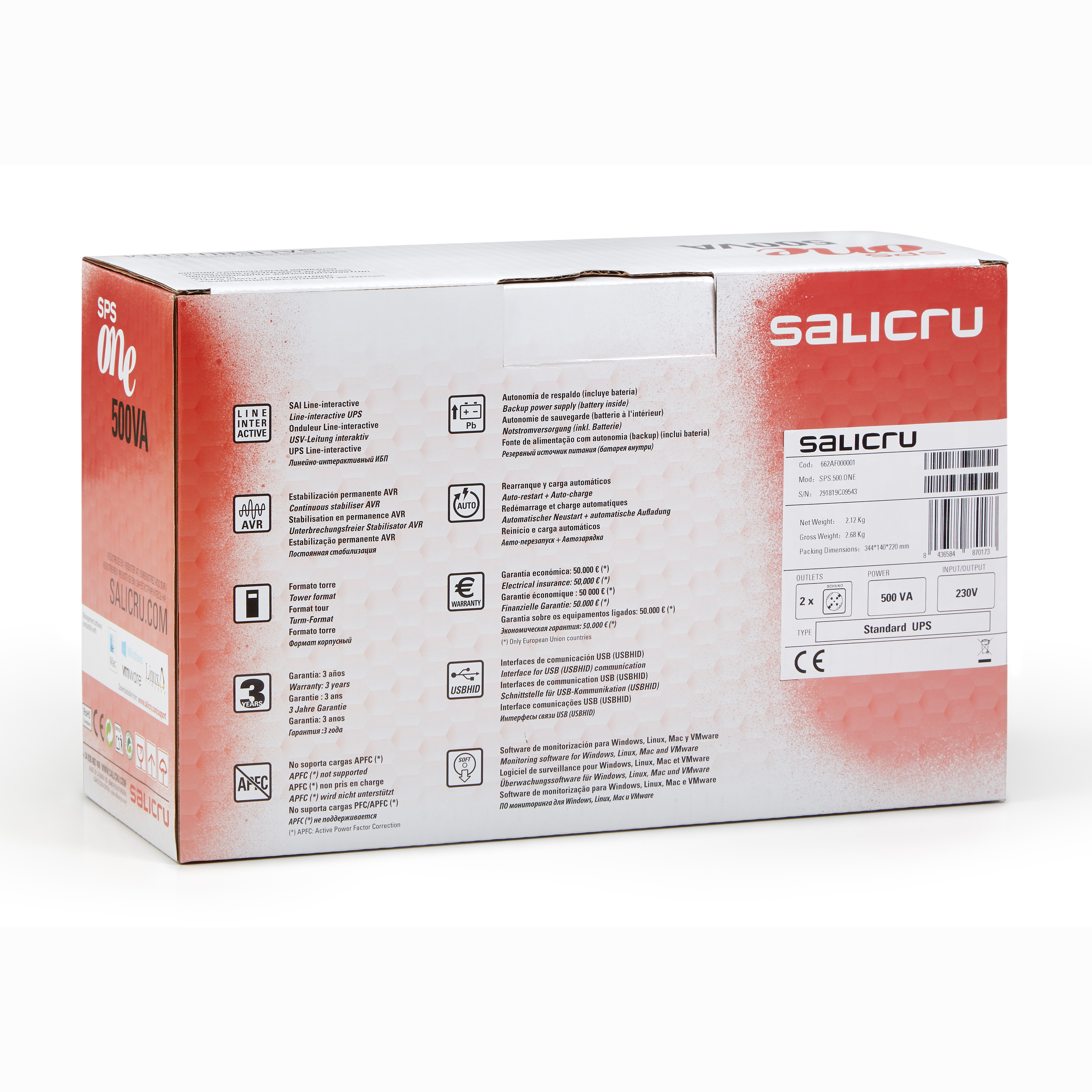 Una caja blanca con texto, logotipos y una etiqueta UPS. La marca es Salicru. Tiene etiquetas para funciones de energía y batería.