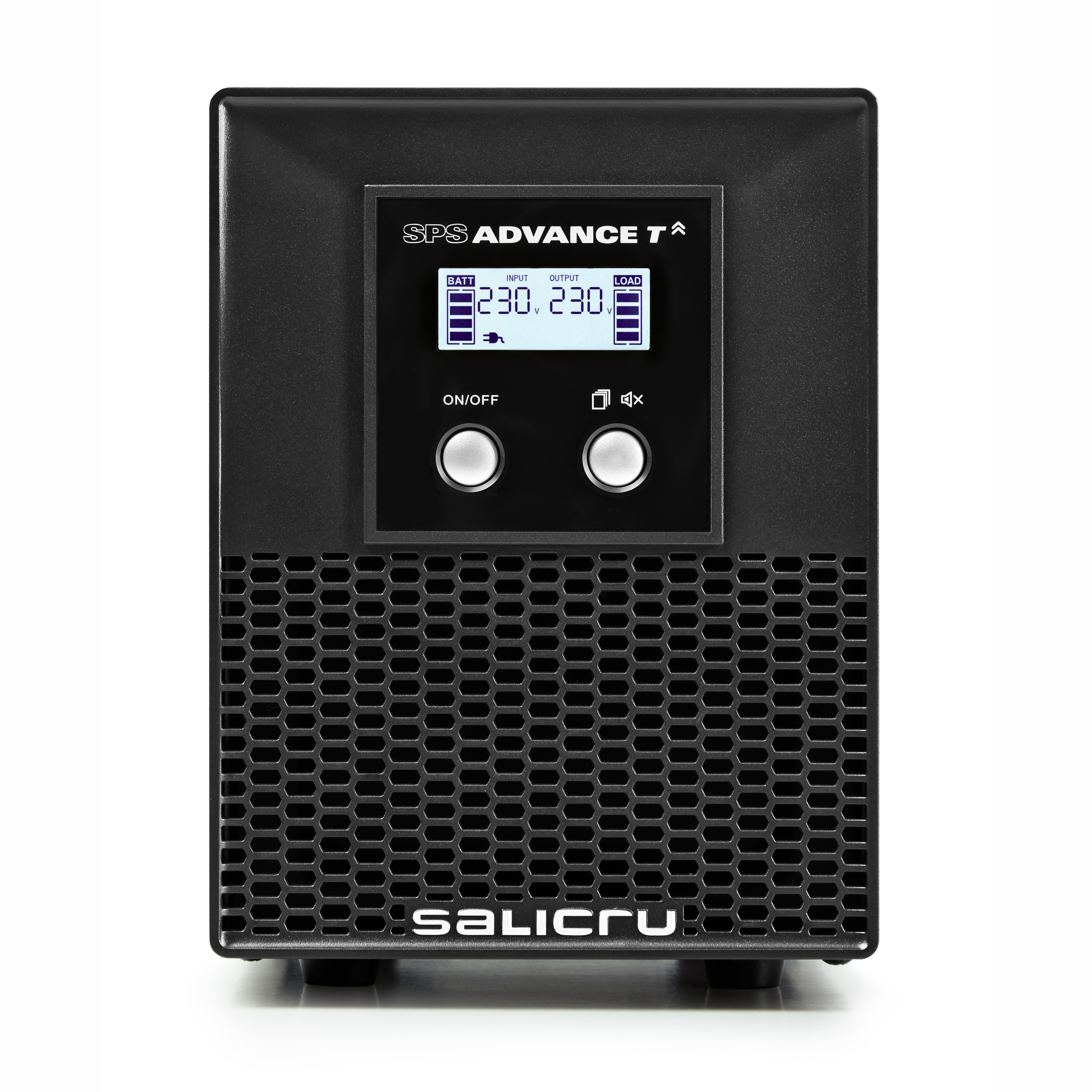 Schwarze SPS Advance T-Einheit. Es hat ein Display, das die Spannung anzeigt. Ein/Aus- und Stummschalttasten befinden sich unter dem Display.