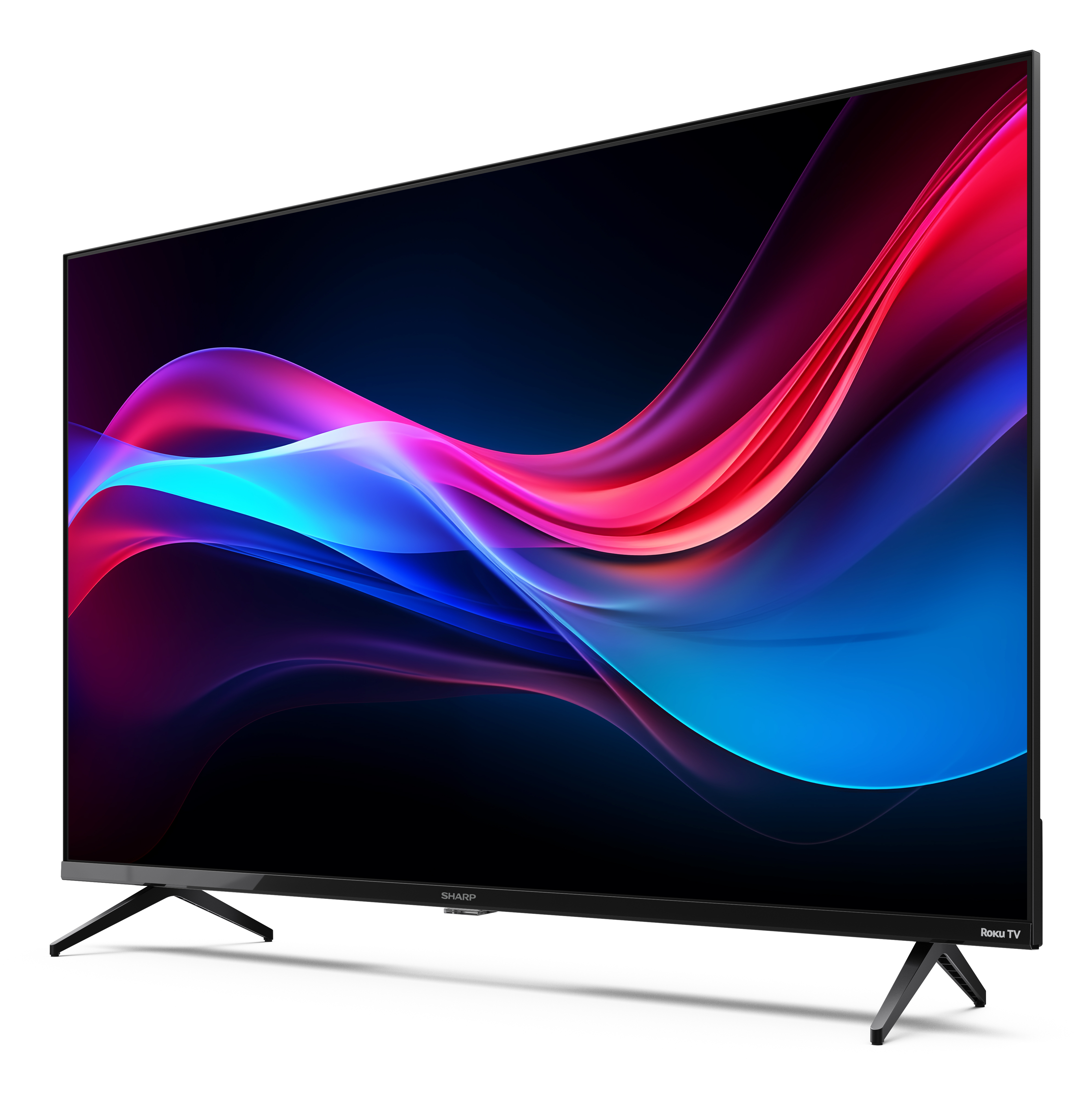 Ein Sharp Roku TV zeigt ein farbenfrohes abstraktes Bild. Der Fernseher ist schwarz mit abgewinkelten Beinen und weißem Hintergrund.
