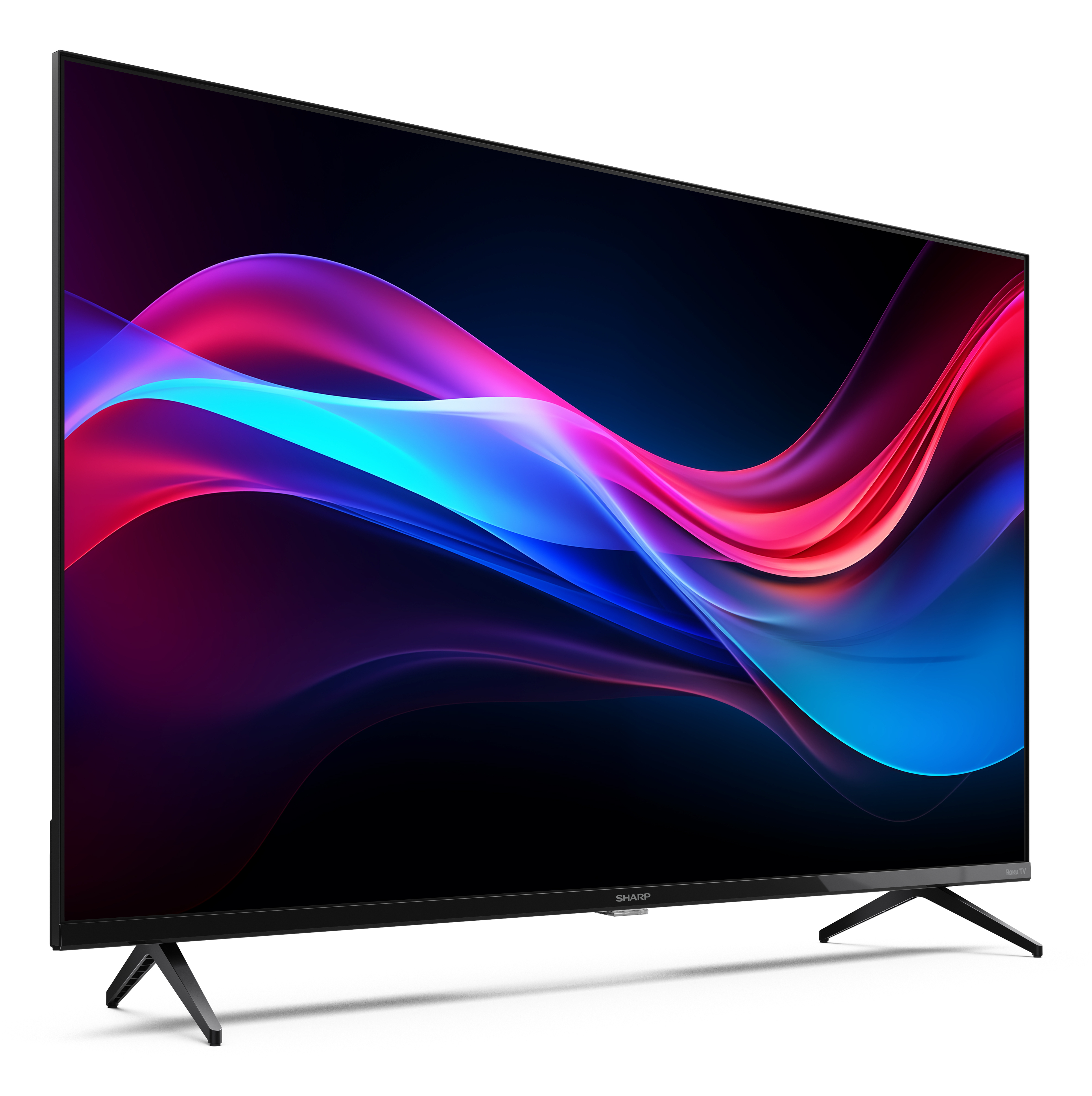Ein großer, schwarzer Sharp-Fernseher mit abstrakter, farbenfroher Anzeige. Er hat schwarze Beine und einen Rahmen.