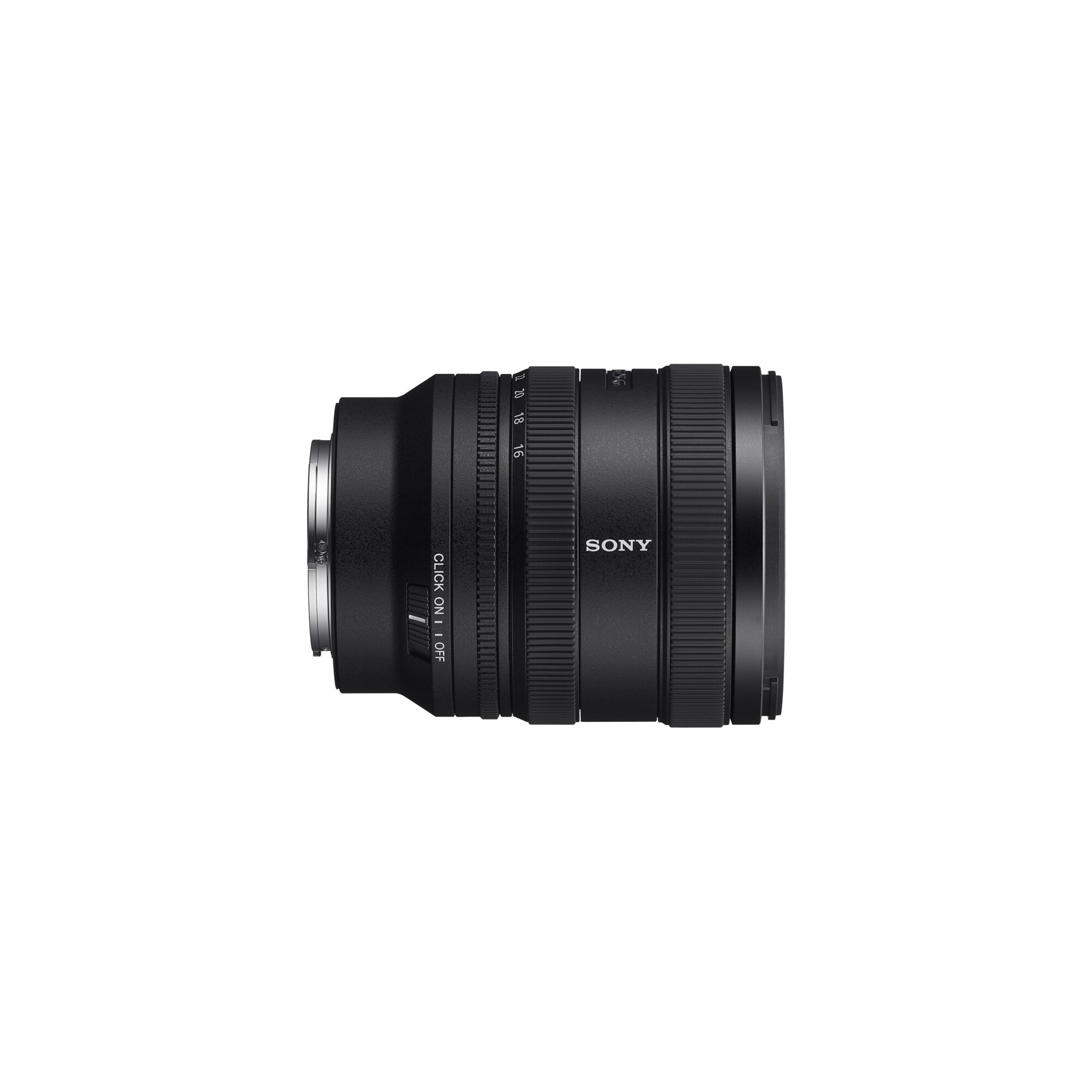 Ein schwarzes Sony-Kameraobjektiv, horizontal vor weißem Hintergrund. Es hat Markierungen und ein Einstellrad.