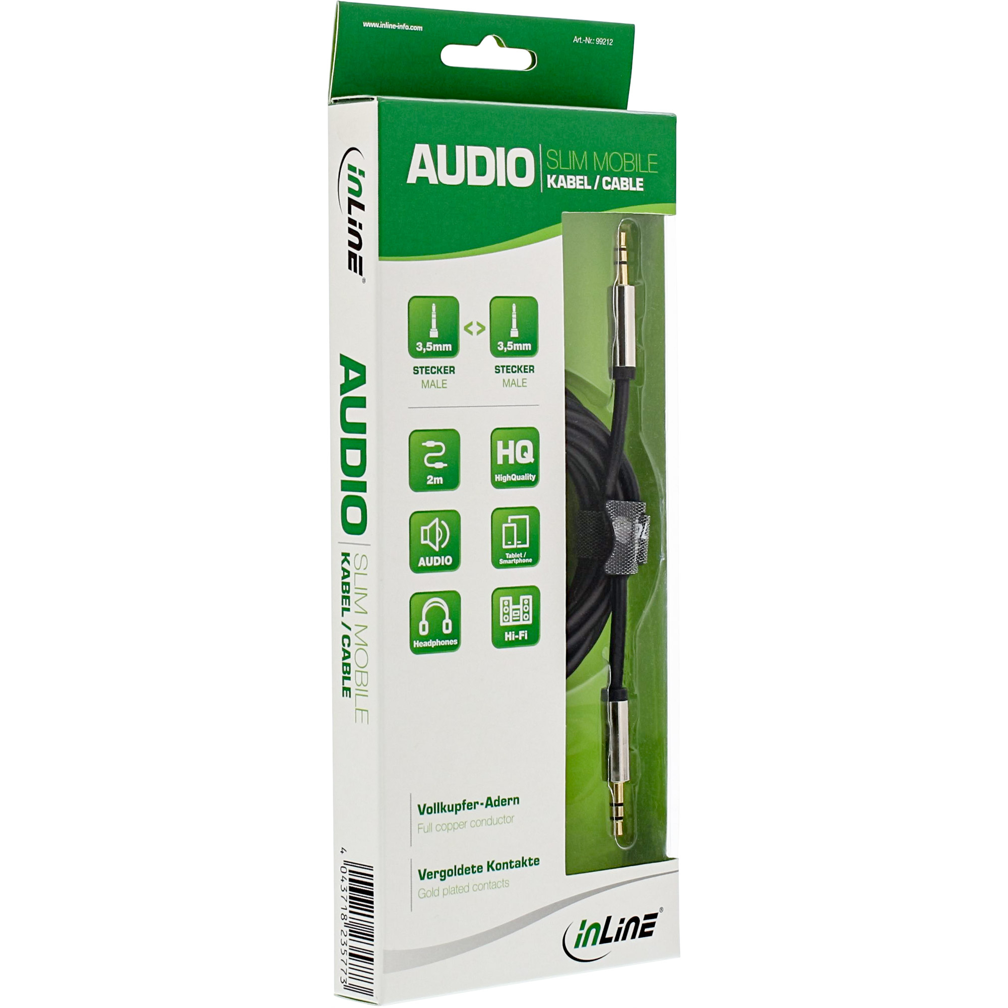 Eine weiß-grüne Schachtel zeigt ein Audiokabel. Der Text enthält 'AUDIO SLIM MOBILE KABEL' und Symbole.