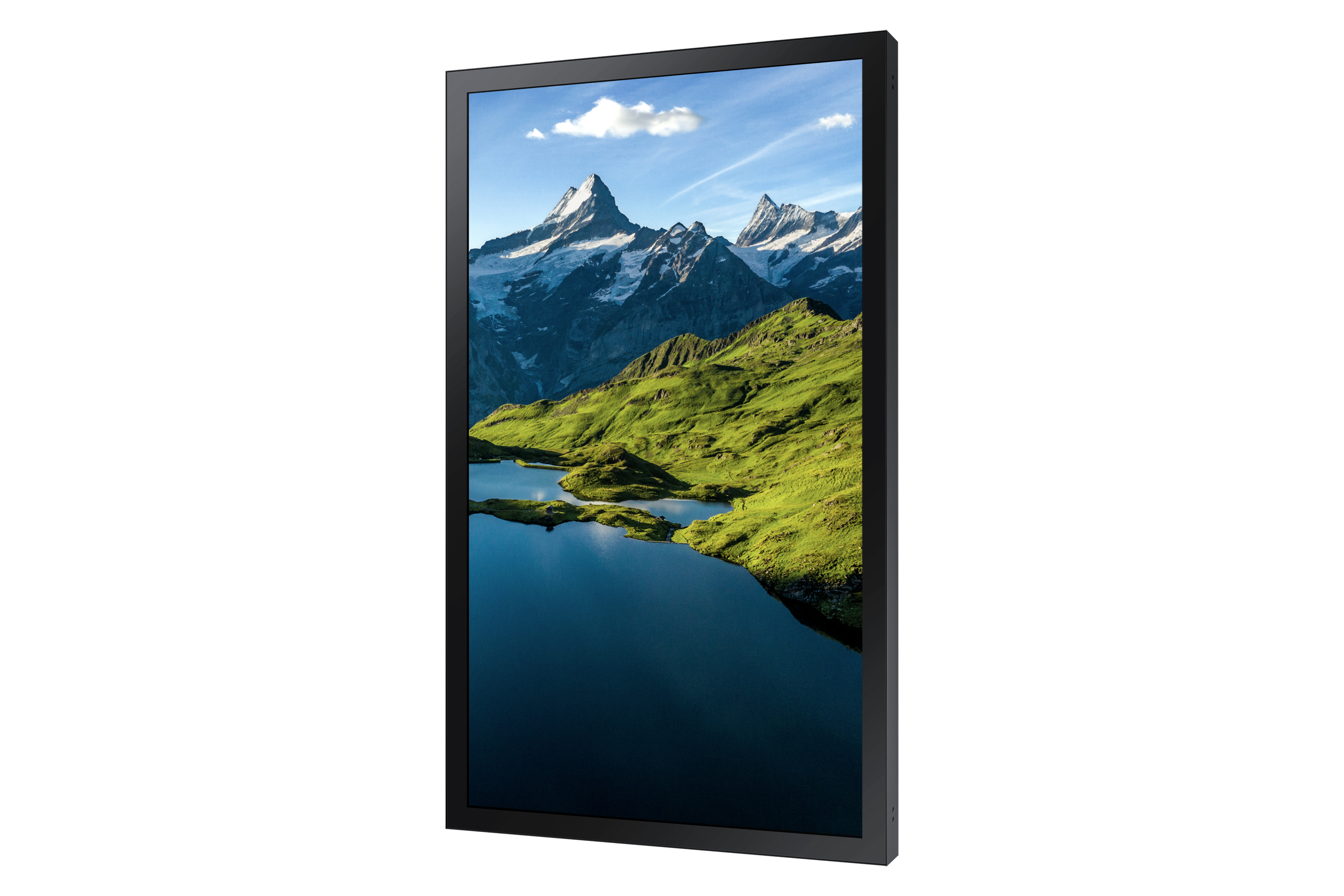 Das Display zeigt eine Berglandschaft mit See, grünen Hügeln und blauem Himmel mit Wolken. Das Display hat einen schwarzen Rahmen.