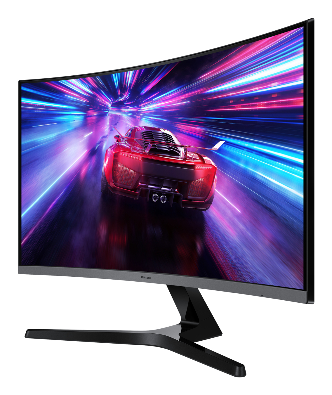 Zakrzywiony monitor wyświetla czerwony samochód sportowy jadący po kolorowym, rozmytym torze. Monitor stoi na czarnym stojaku.