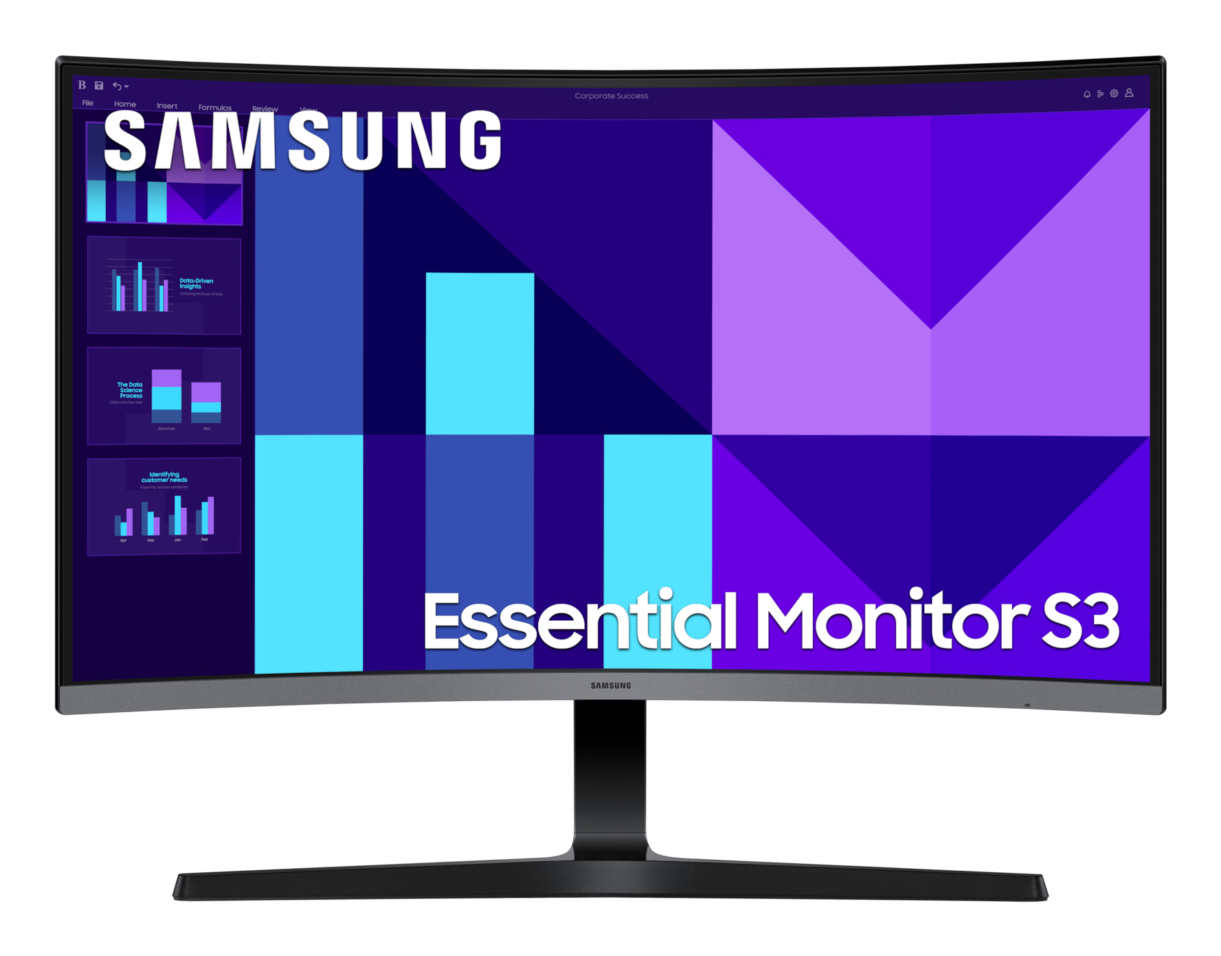 Zakrzywiony monitor Samsung wyświetla prezentację z wykresami i tekstem 'Essential Monitor S3'.