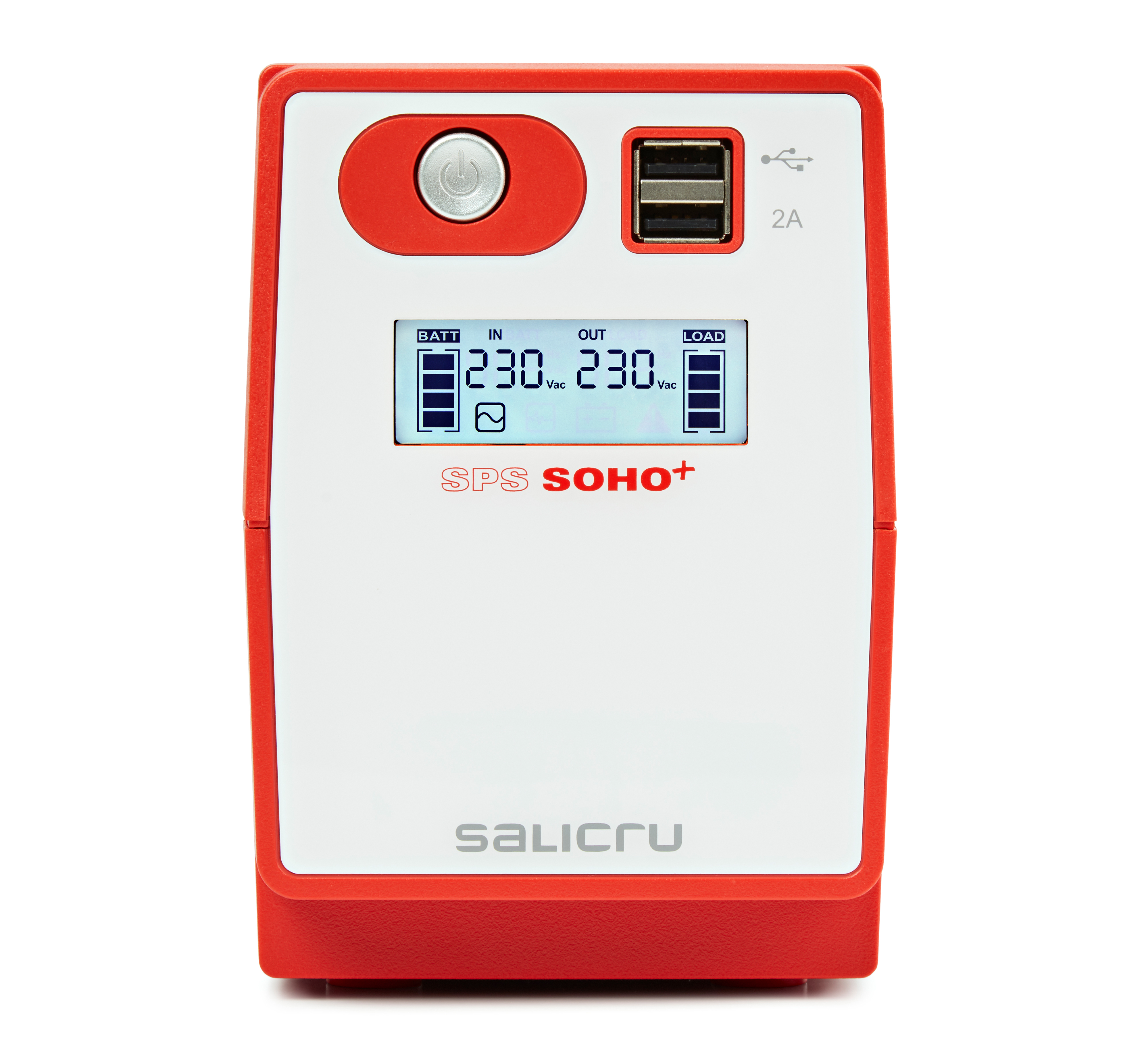 Un dispositivo SAI rojo y blanco con una pantalla que muestra el voltaje. Tiene puertos USB y un botón de encendido.