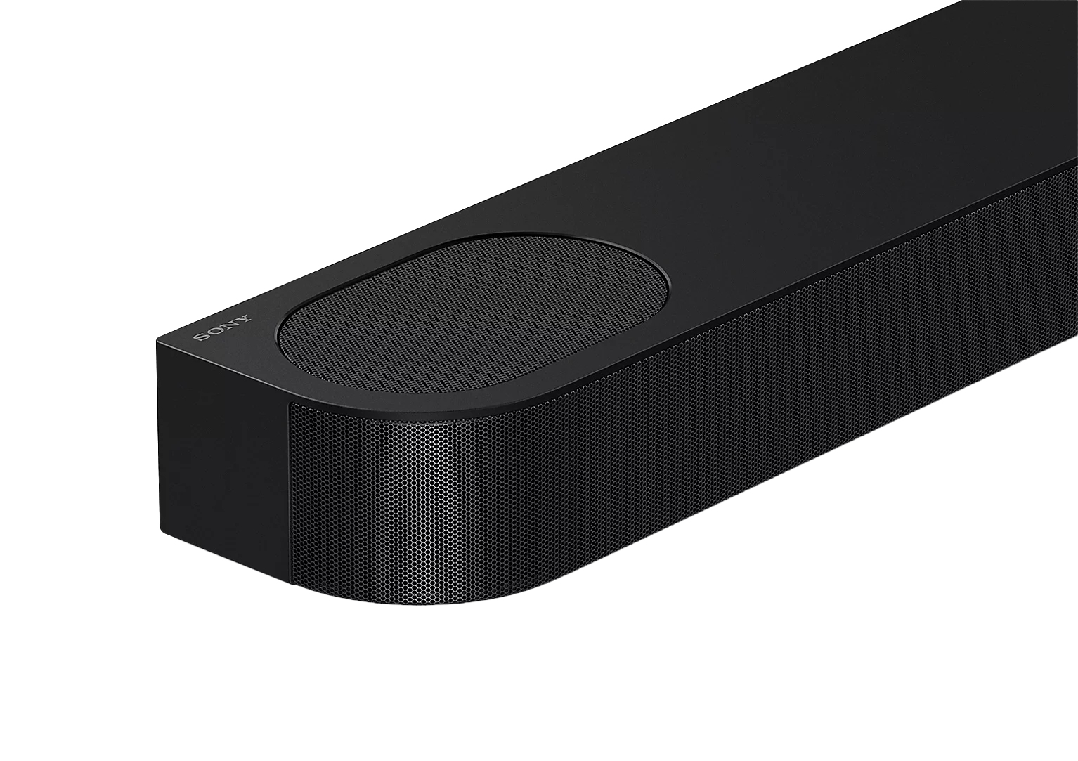 Eine schwarze Soundbar mit einem Mesh-Lautsprecher. Das Sony-Logo ist sichtbar. Es befindet sich auf weißem Hintergrund.