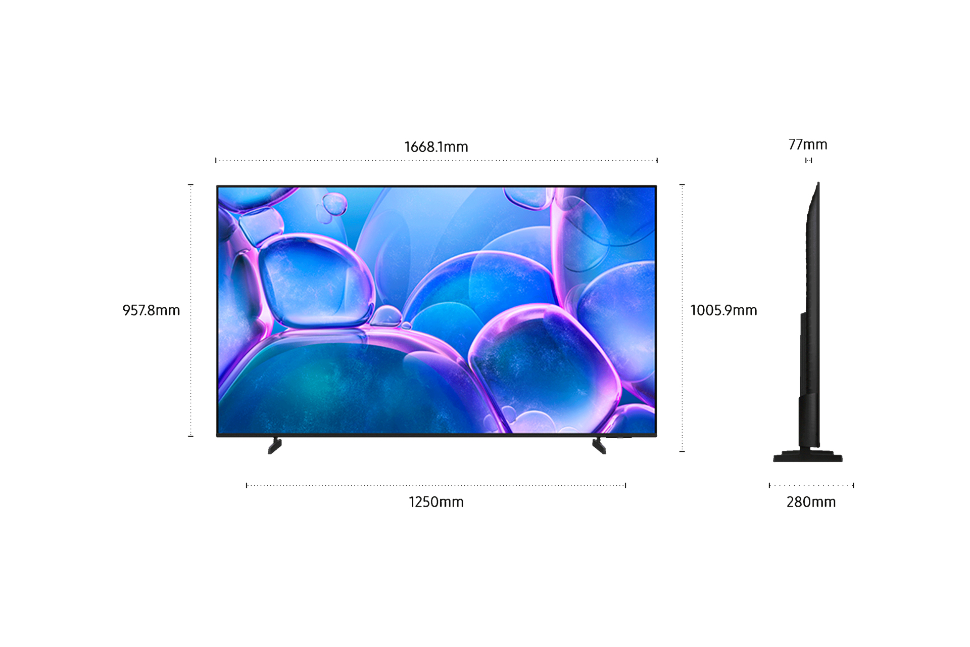 Ekran telewizora z grafiką przypominającą bąbelki. Wymiary są wyświetlane wokół telewizora. Widoczny jest również widok z boku telewizora.