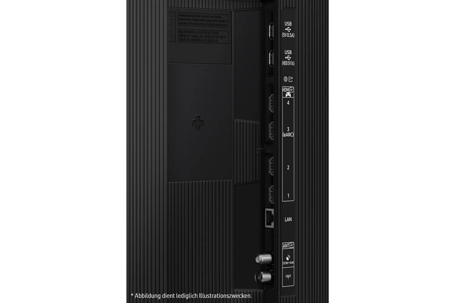 Czarny tył telewizora z portami: USB, HDMI, LAN i anteną. Znak plus i tekst w języku angielskim i koreańskim.