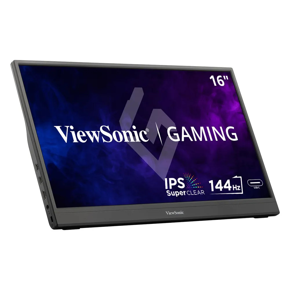 Un monitor da gioco ViewSonic da 16 pollici. Visualizza i loghi di ViewSonic, Gaming, IPS, SuperClear, 144Hz e USB-C.