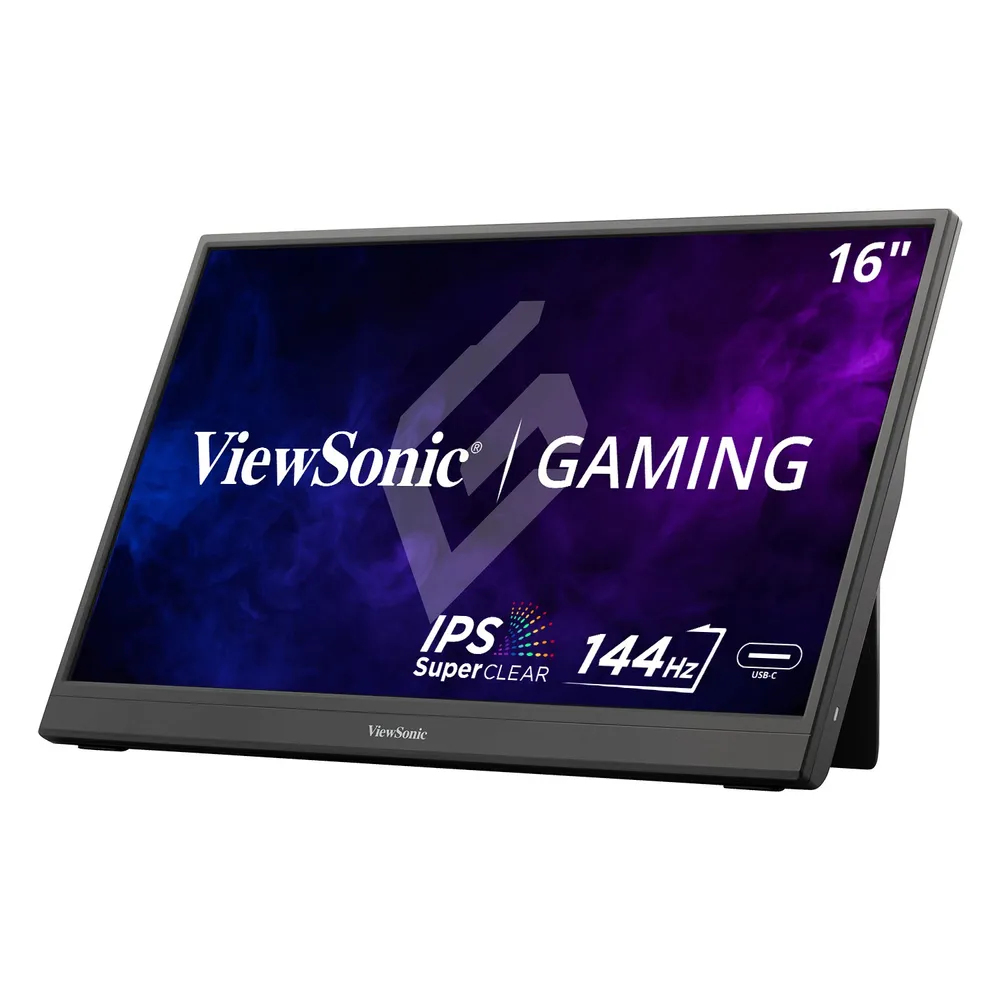 Un monitor da gioco ViewSonic da 16 pollici. Ha una cornice nera e uno schermo che mostra il testo: "ViewSonic GAMING", "IPS SuperClear" e "144Hz".
