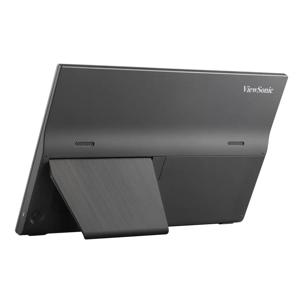 Un monitor ViewSonic grigio scuro con un supporto integrato. Il supporto è angolato. Il logo ViewSonic è visibile. Il monitor ha delle prese d'aria.