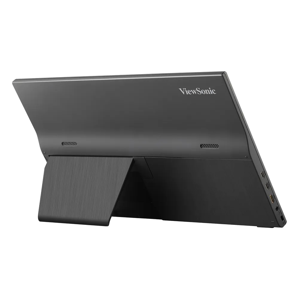Un monitor portatile ViewSonic grigio scuro è sostenuto da un supporto. Lo schermo è angolato. Il logo ViewSonic è visibile.