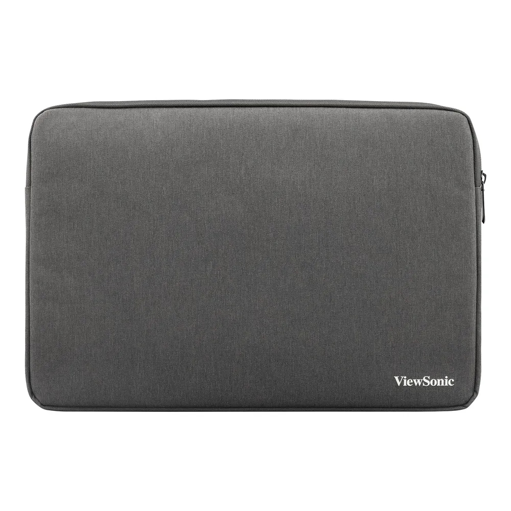 Una custodia grigia per laptop con il logo ViewSonic. La custodia è rettangolare e ha una chiusura a cerniera.