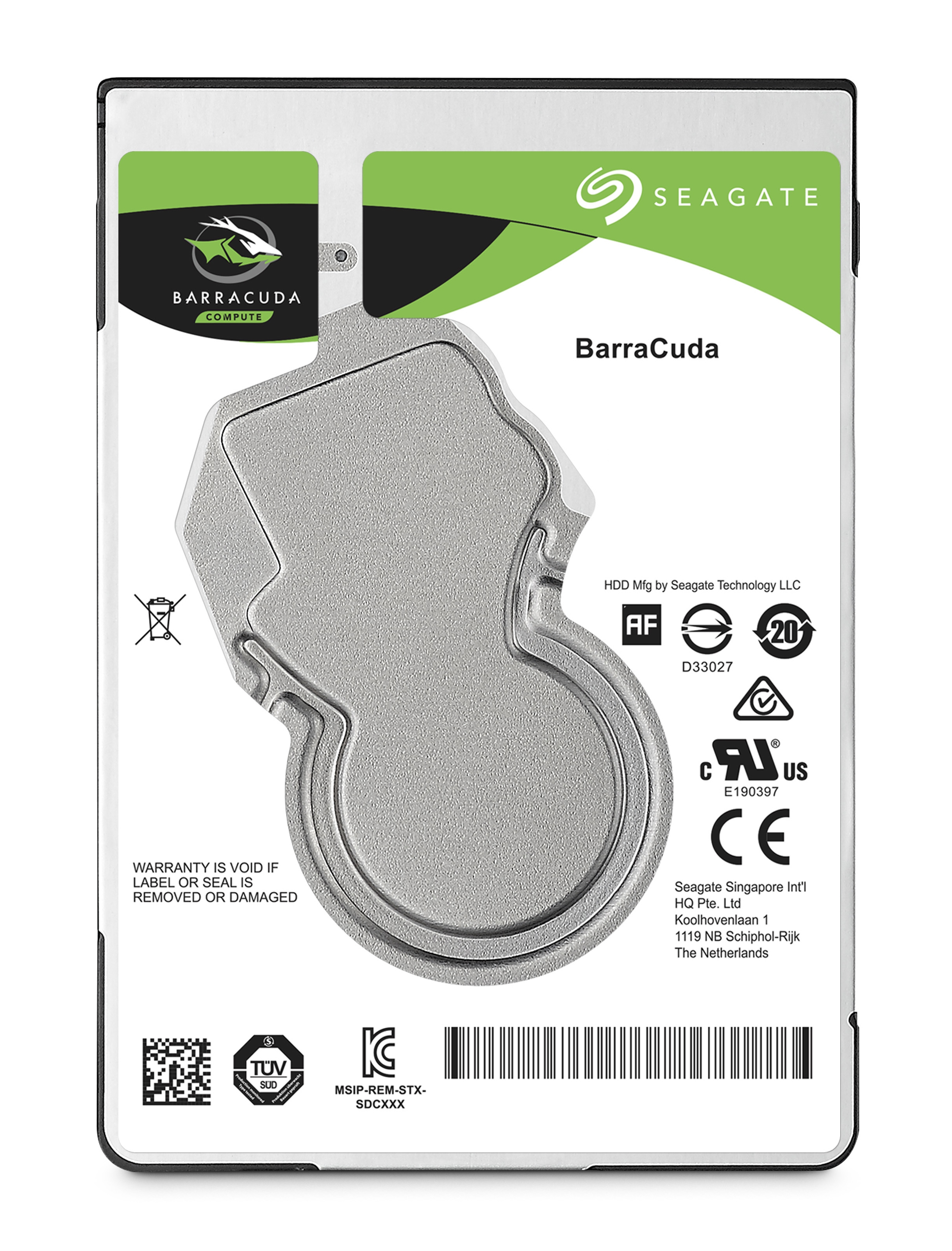 Dysk twardy Seagate Barracuda. Posiada metalową obudowę z logo Seagate i Barracuda.