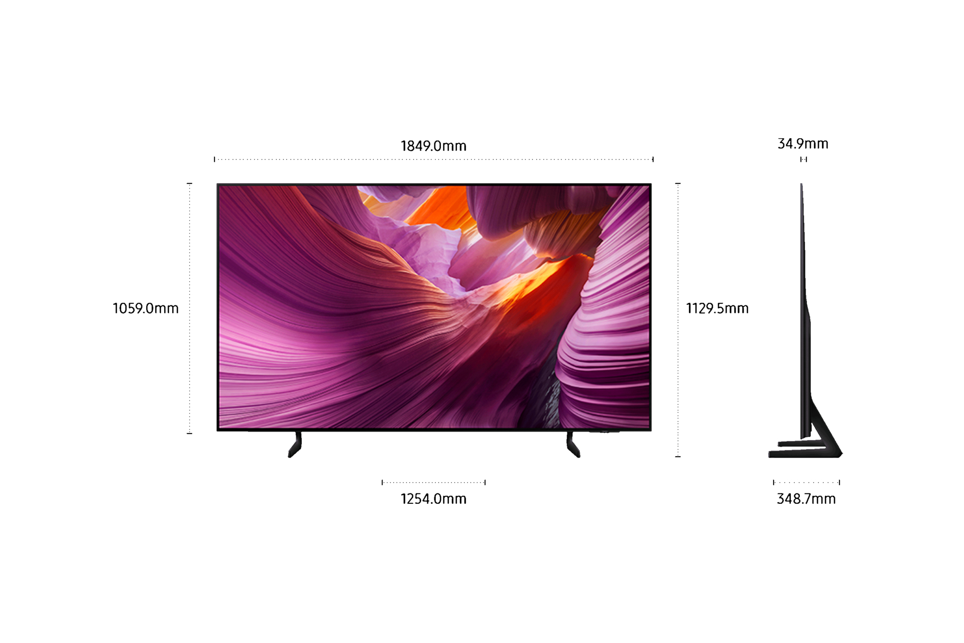 Telewizor z wyświetlonymi wymiarami. Widok z przodu pokazuje ekran z abstrakcyjną sztuką. Widok z boku pokazuje grubość. Czarne nogi podpierają TV.