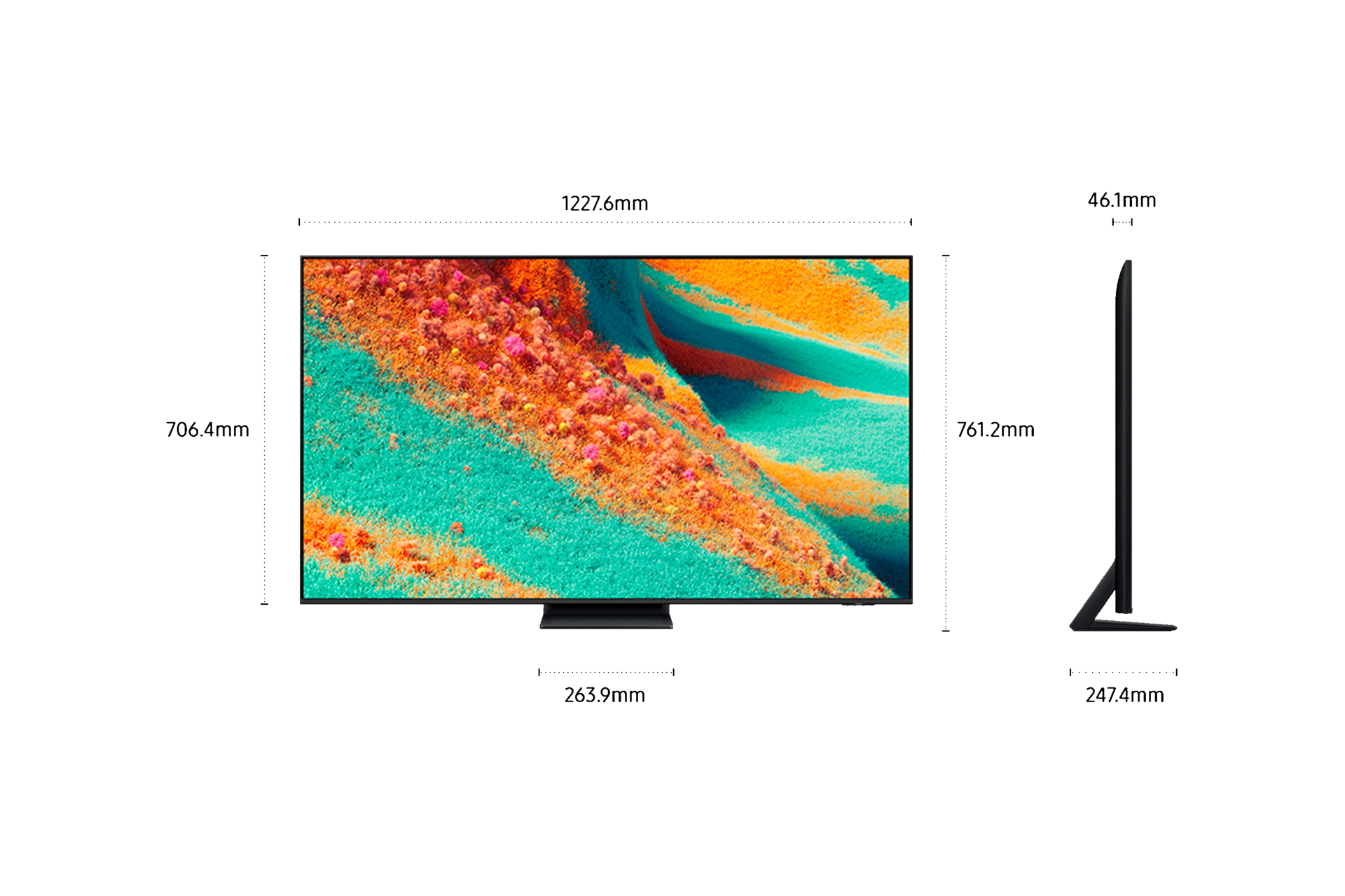 Telewizor z wymiarami. Ekran wyświetla abstrakcyjny, kolorowy obraz. Widok z boku pokazuje grubość.