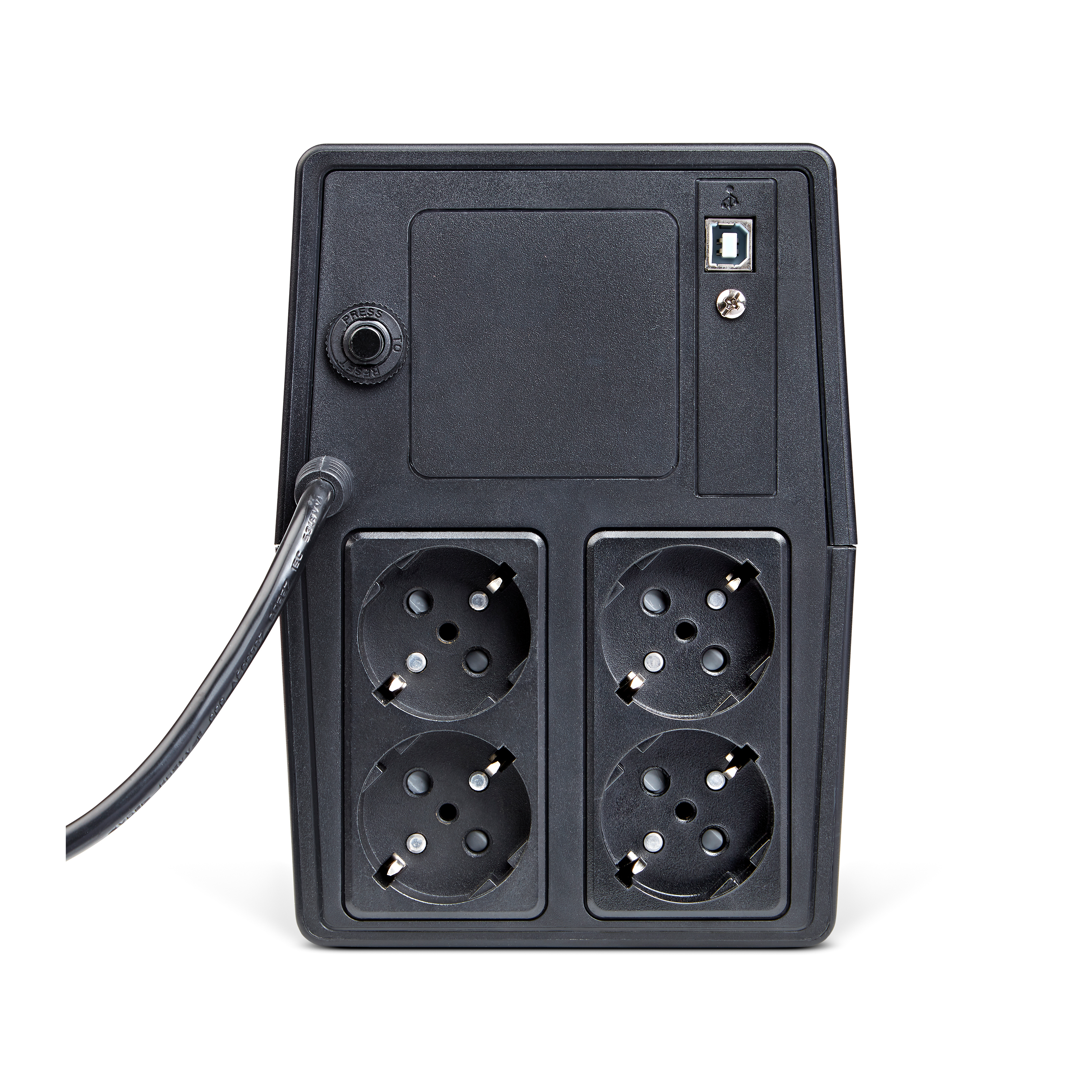Regleta negra con cuatro enchufes, un puerto USB y un cable de alimentación. Sobre fondo blanco.