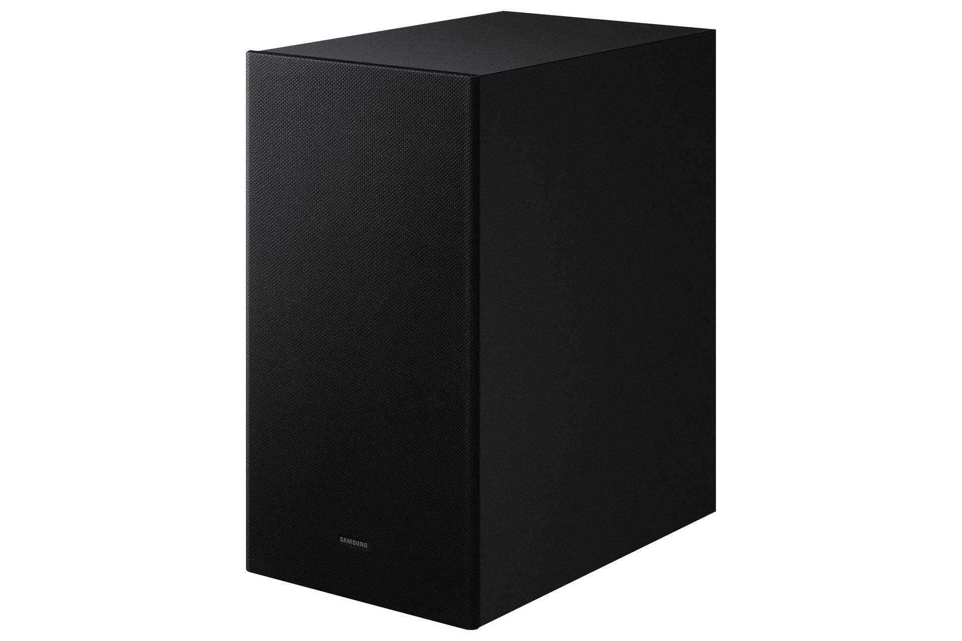 Ein schwarzer rechteckiger Samsung Soundbar-Lautsprecher. Er steht aufrecht mit strukturierter Oberfläche. Der Hintergrund ist weiß.