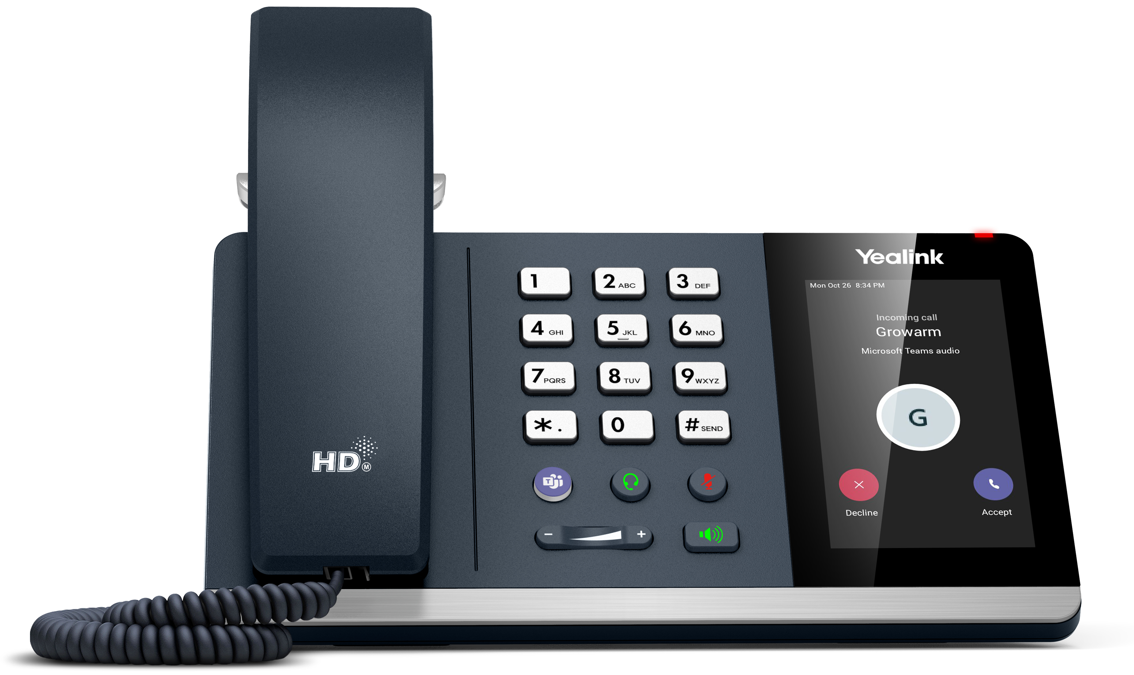 Ein dunkelblaues Yealink-Telefon mit Bildschirm, der einen eingehenden Anruf von Growarm anzeigt. Mit Tastatur und Hörer.