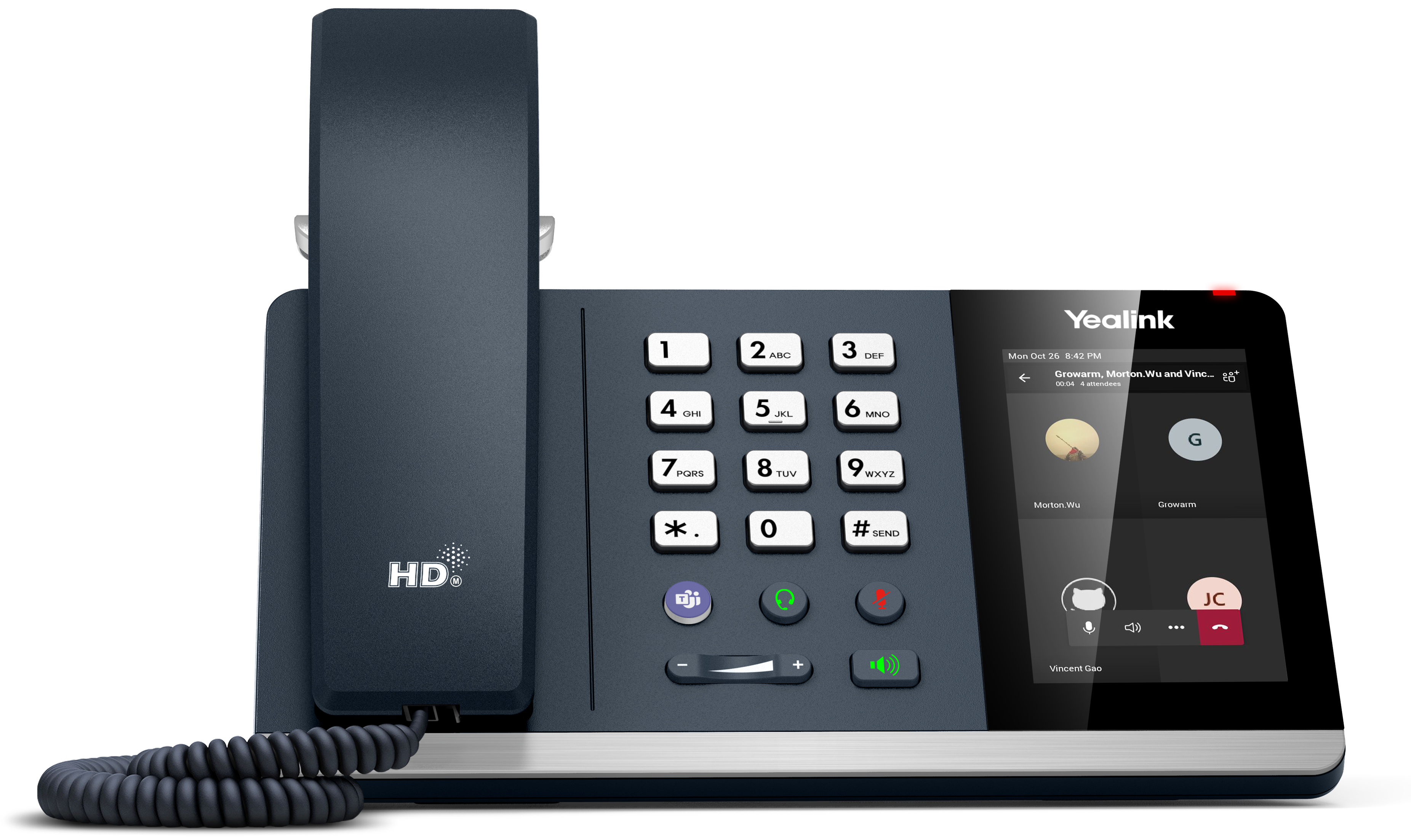 Dunkelgraues Yealink-Telefon mit Bildschirm, der einen Videoanruf zeigt. Das Telefon hat einen Hörer, Zifferntasten und einen Lautsprecher.