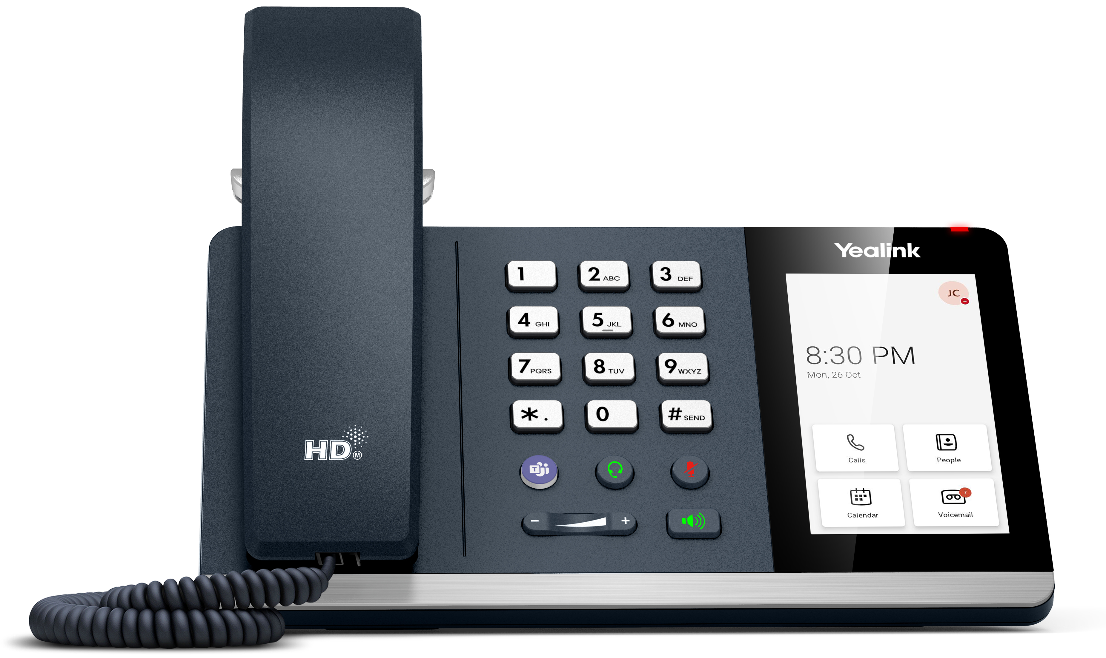 Dunkelgraues Yealink IP-Telefon mit Hörer, Nummernblock und Touchscreen-Display mit Uhrzeit und App-Symbolen.