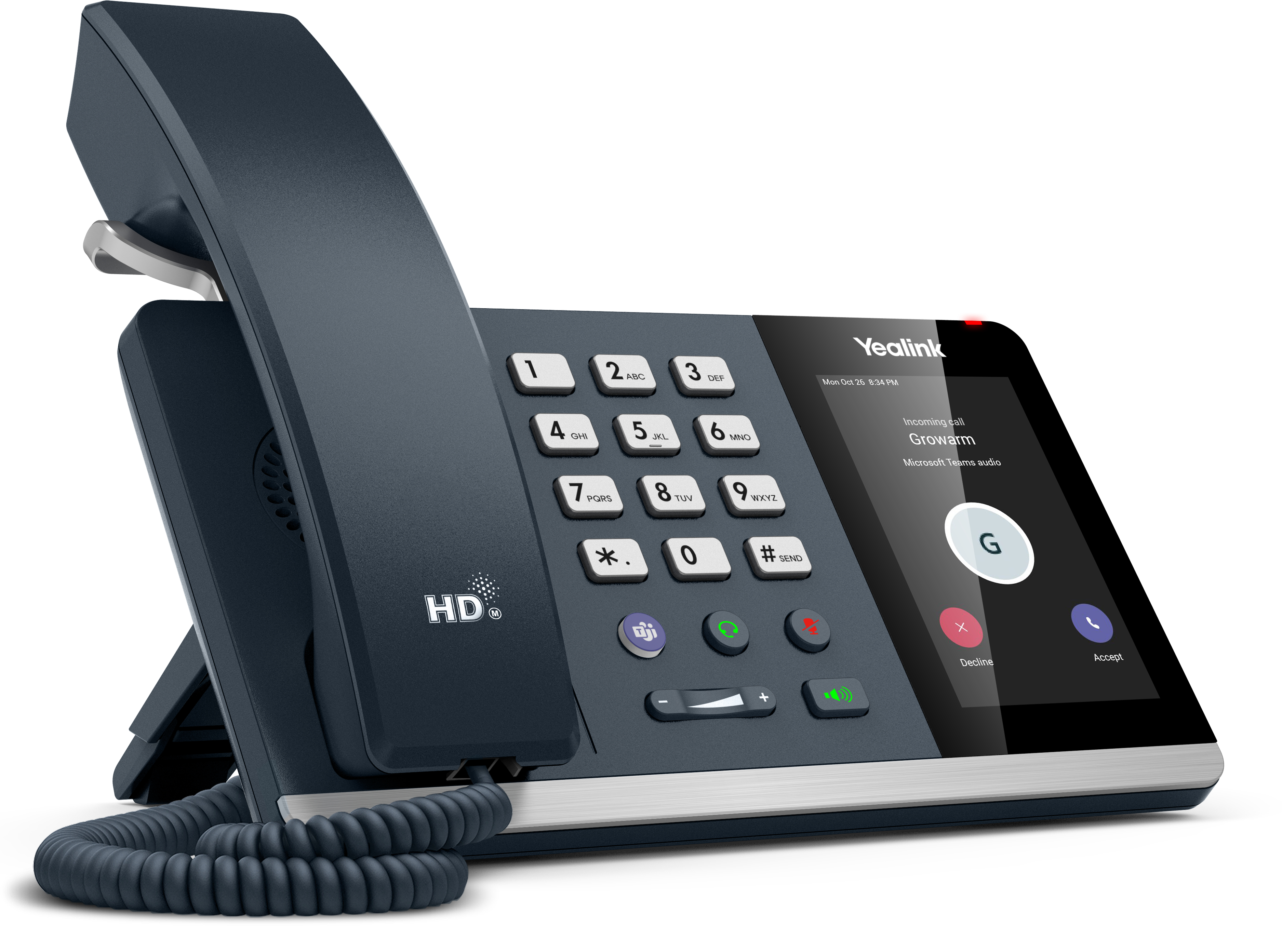 Dunkelblaues Yealink-Telefon zeigt eingehenden Anruf. Zahlen, Tasten und Hörer sind sichtbar.