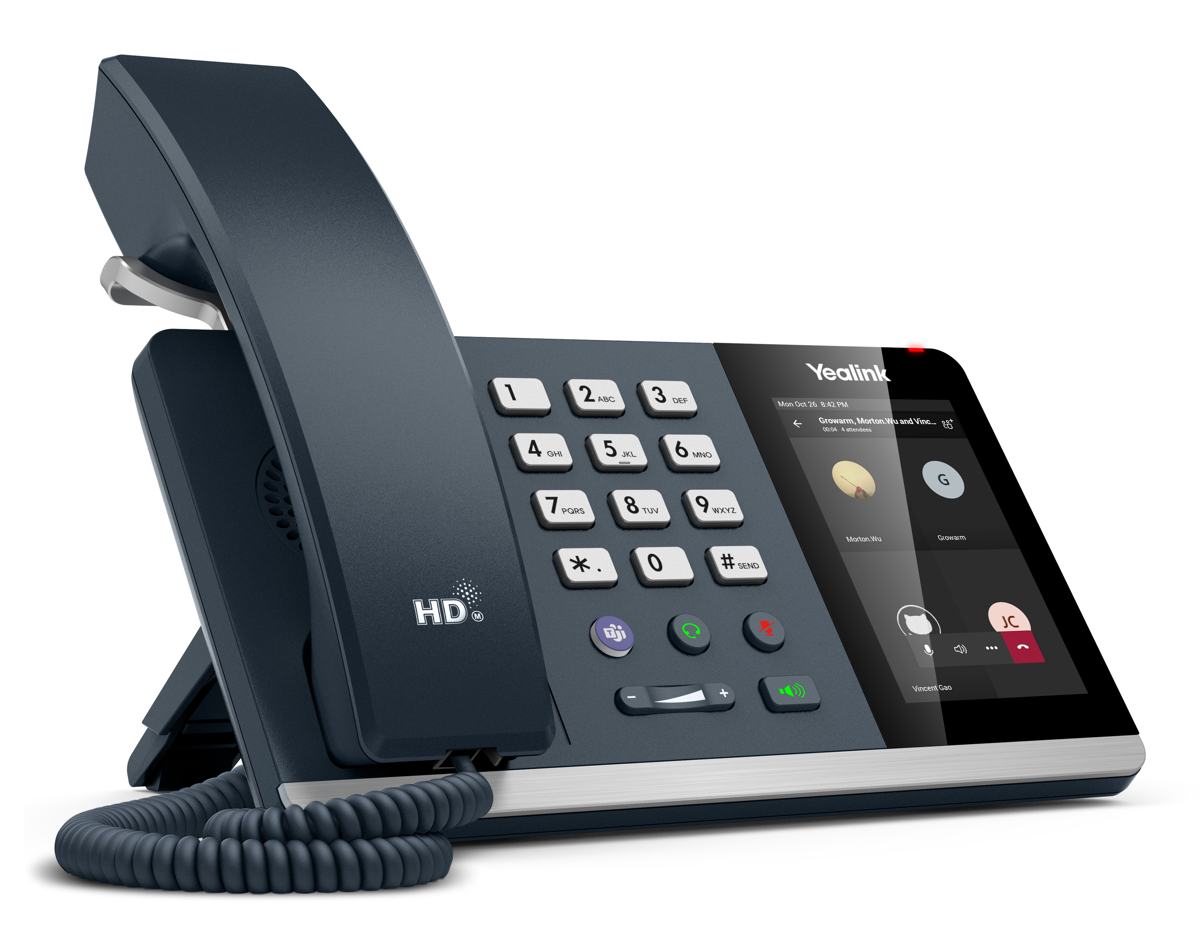 Ein dunkelblaues Yealink IP-Telefon mit Bildschirm, der einen Videoanruf anzeigt, und ein kabelgebundener Hörer.
