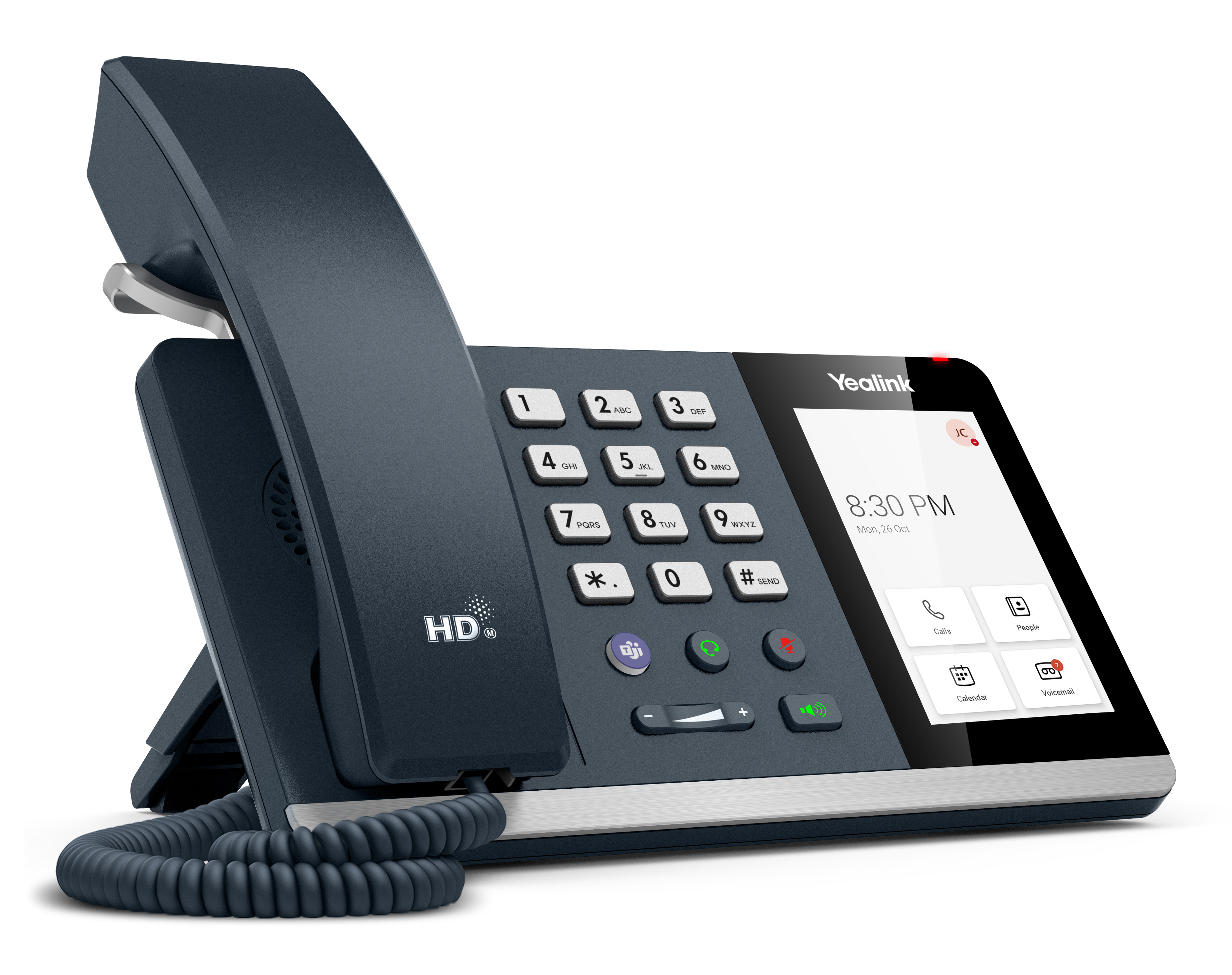 Ein dunkelblaues Yealink-Telefon liegt auf einer weißen Oberfläche. Es hat einen Bildschirm, Tasten und einen Hörer.