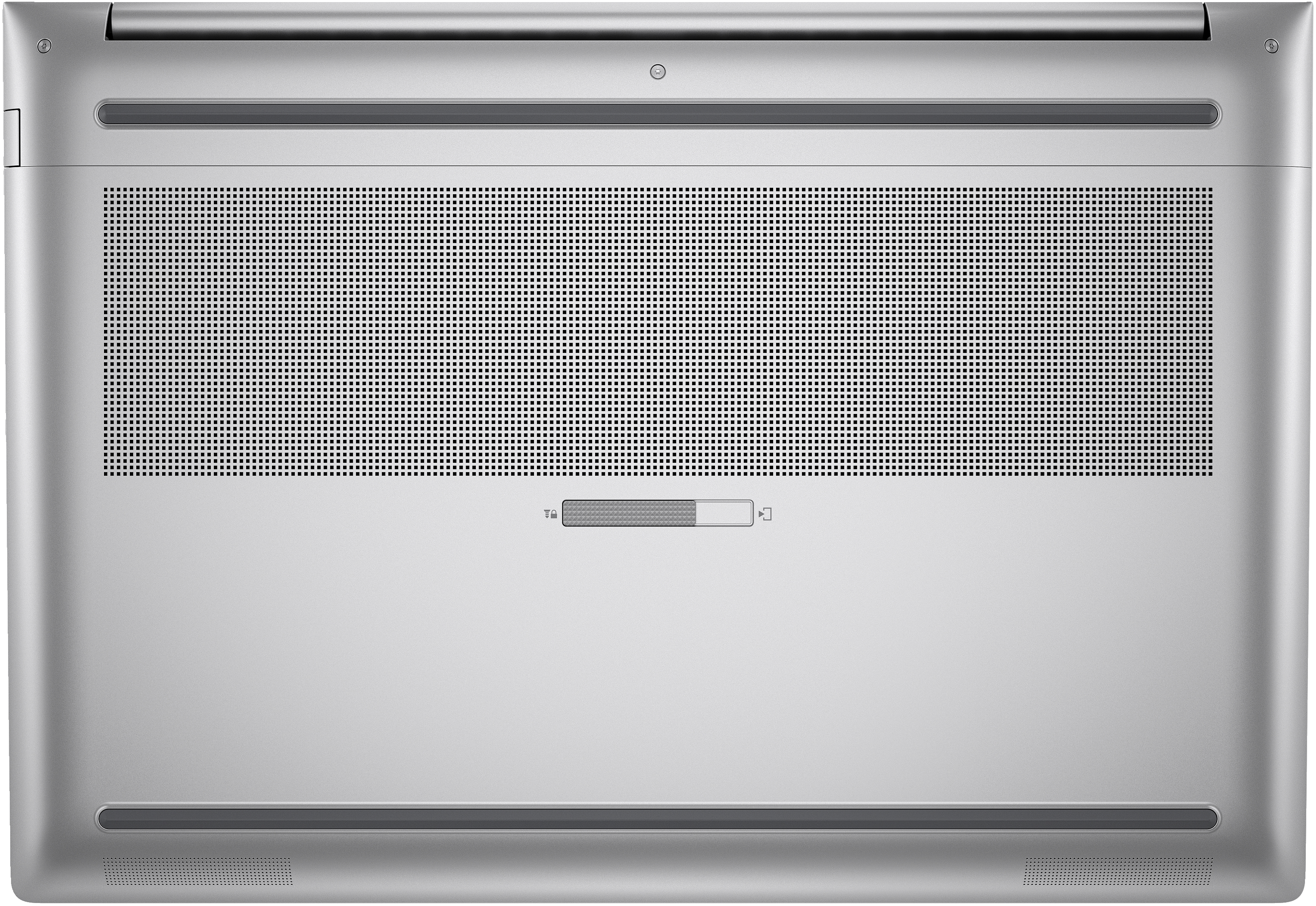 The underside of a silver laptop. It has a large ventilation grid, and a small control panel with symbols.