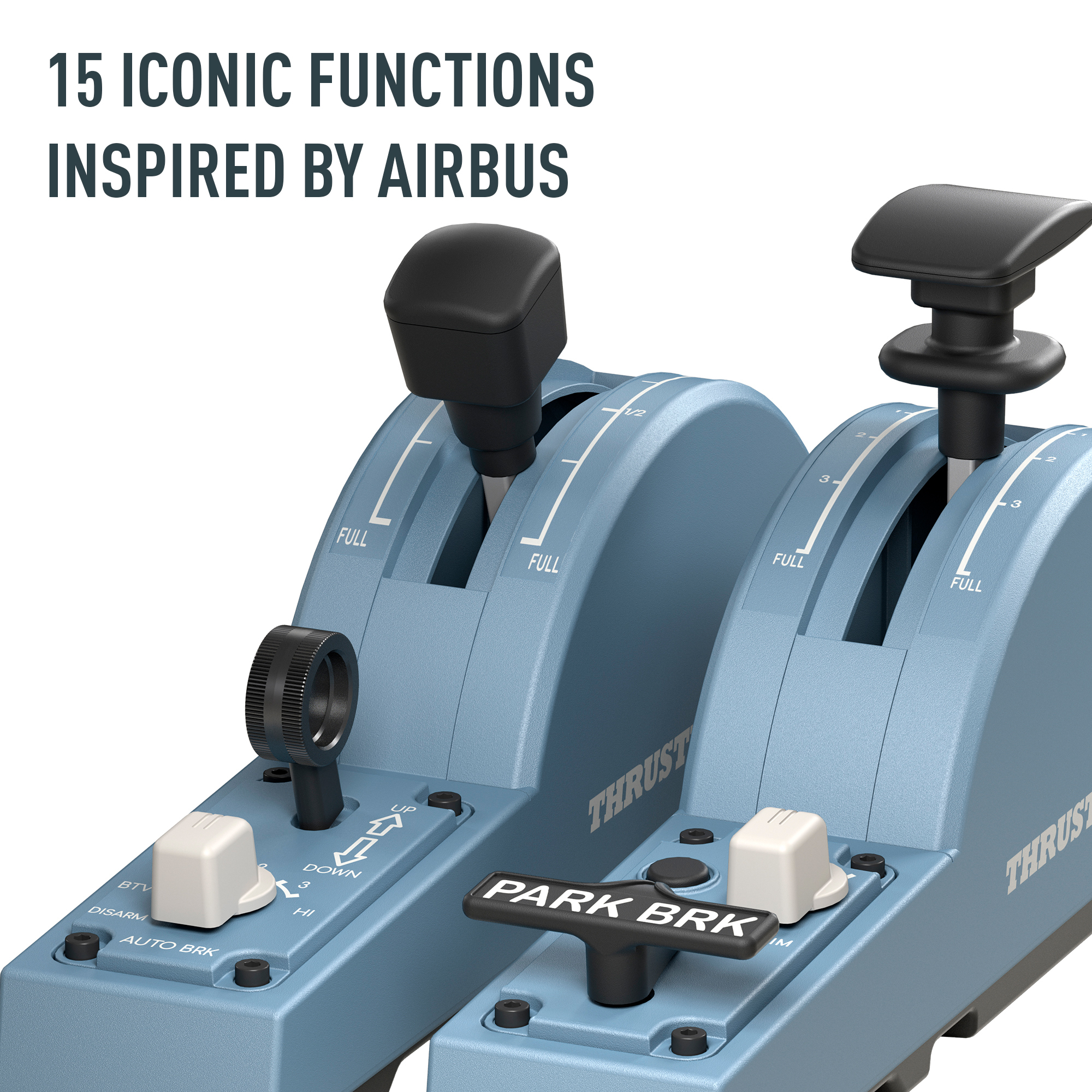 Aircraft thrust levers, blue, black handles. Text: 15 Iconic Functions Inspired by Airbus, Full, Thrust, Park Brk, and more.