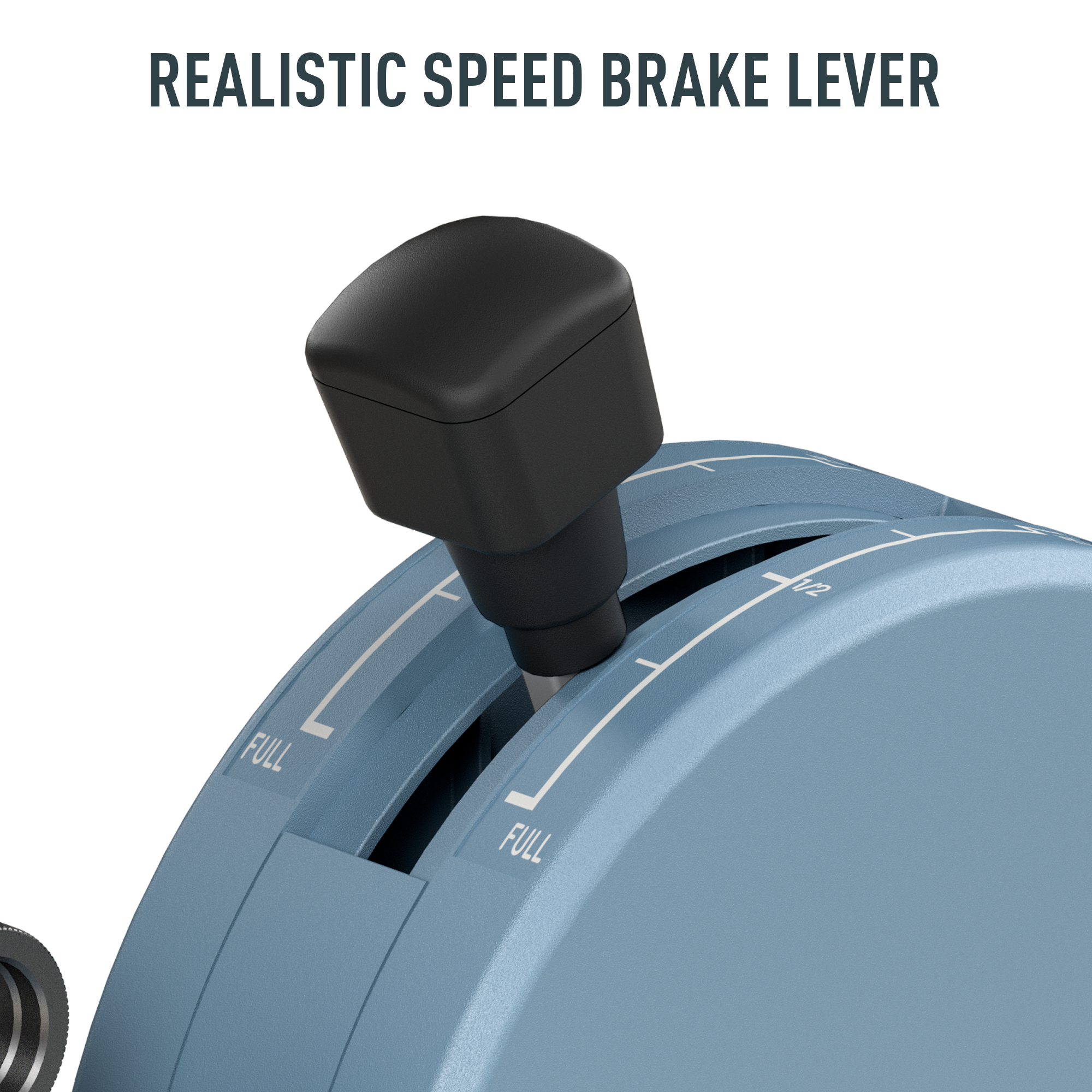 A close-up of a realistic speed brake lever. It is black and gray, with blue markings.