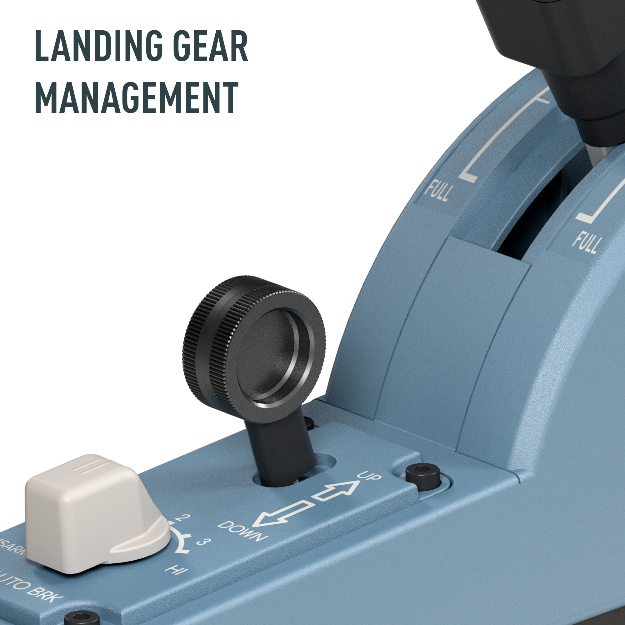 Aircraft landing gear control panel. Features include levers, knobs, and labels for 'UP', 'DOWN', and 'FULL'.