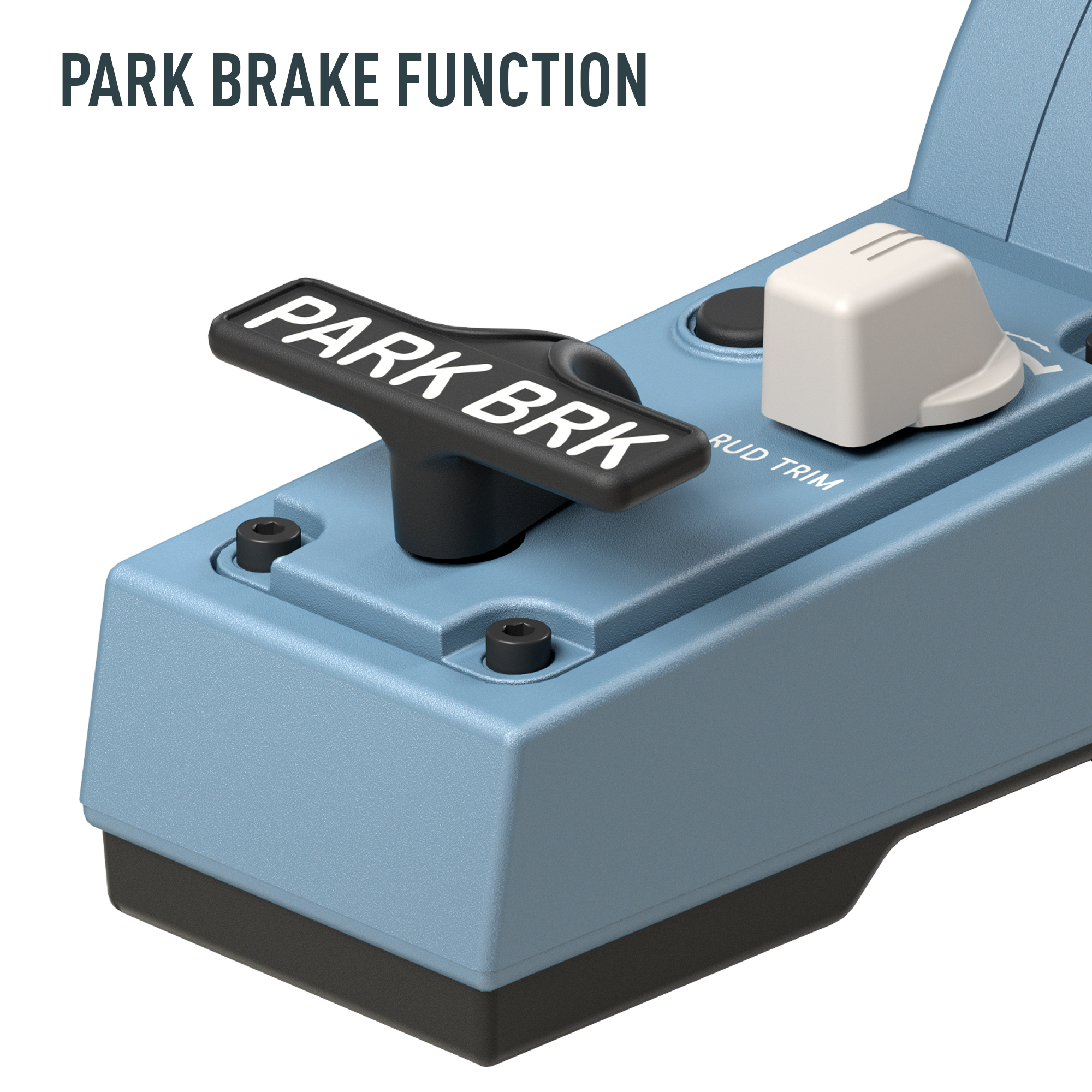 A close-up of a blue aircraft control panel. The park brake handle is black with white letters. There is a white knob.