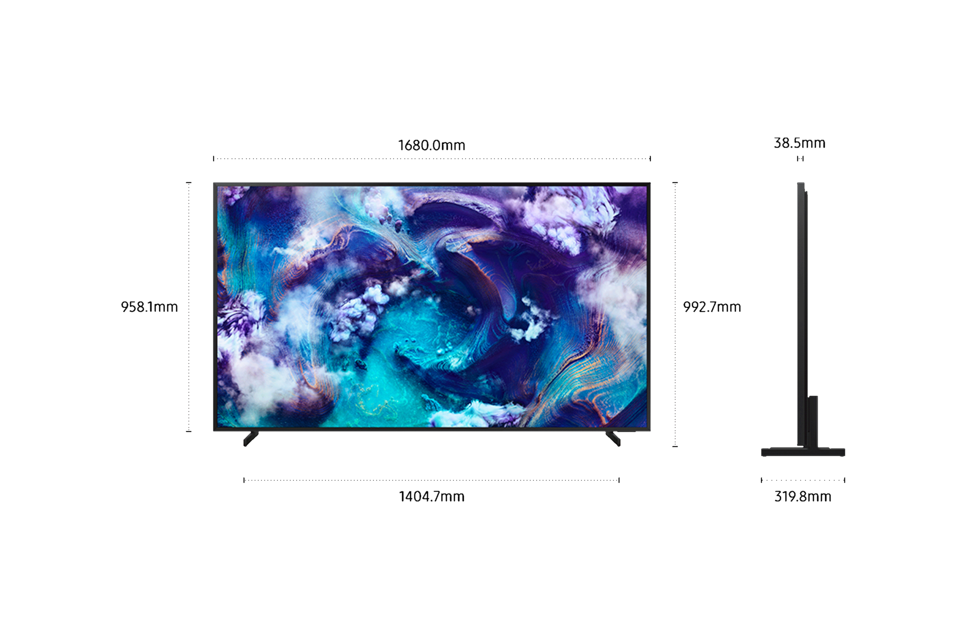 Telewizor z wymiarami. Wyświetlacz pokazuje niebieski, fioletowy i złoty abstrakcyjny wzór. Widok z boku pokazuje grubość. Wymiary podano.