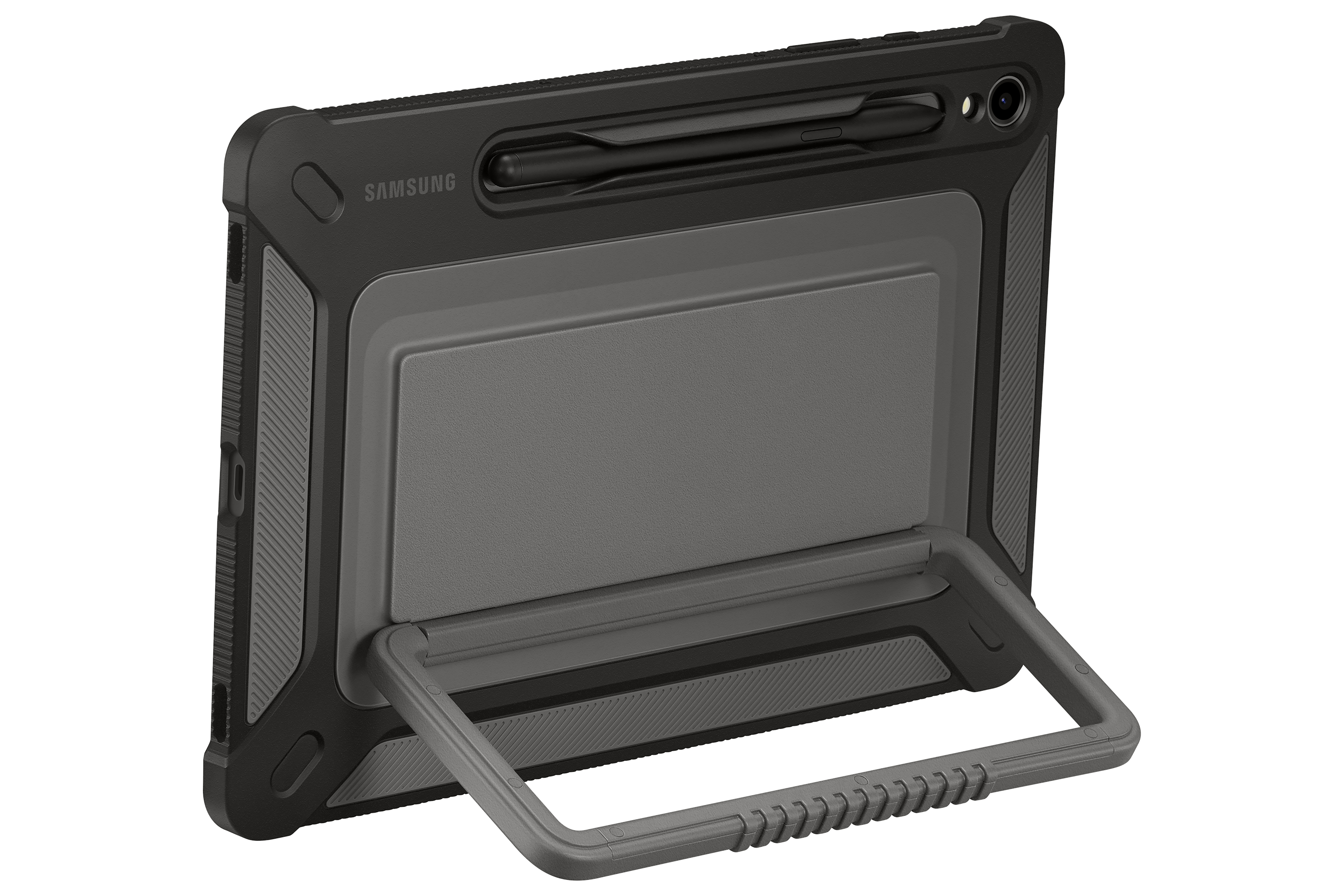 Funda negra para tableta con soporte gris. Logotipo de Samsung visible. Lápiz insertado. Vista en ángulo.