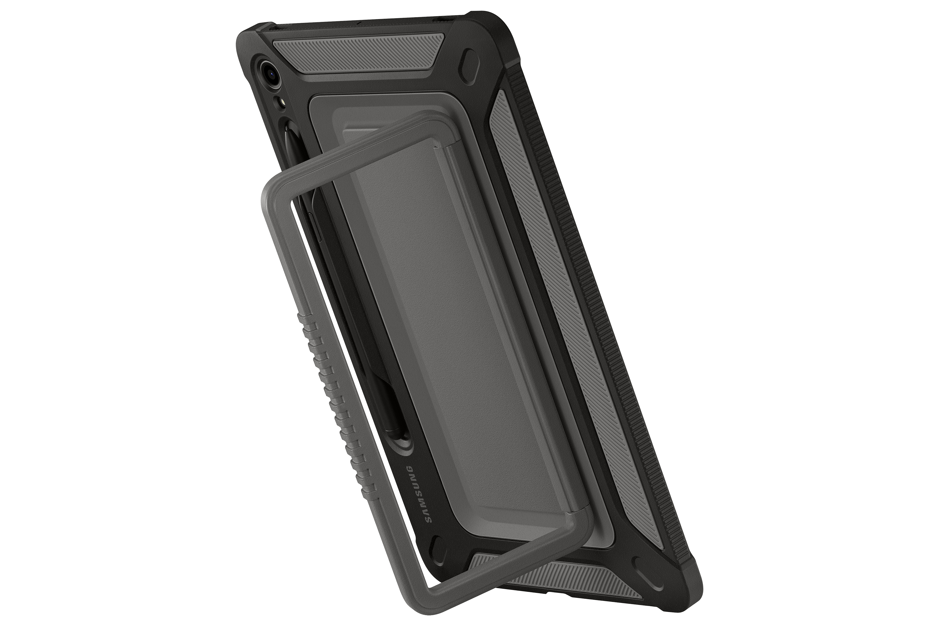 Una tableta en una funda protectora con soporte. La funda es negra y gris, inclinada sobre un fondo blanco.