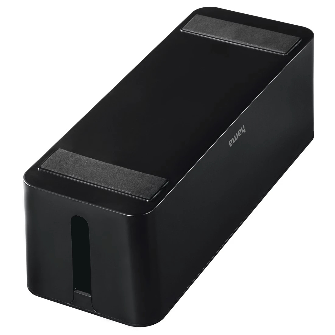 Schwarze Kabelbox mit zwei grauen Pads oben. Die Seite trägt den Markennamen Hama. Es hat ein Loch, um die Kabel hindurchzuführen.