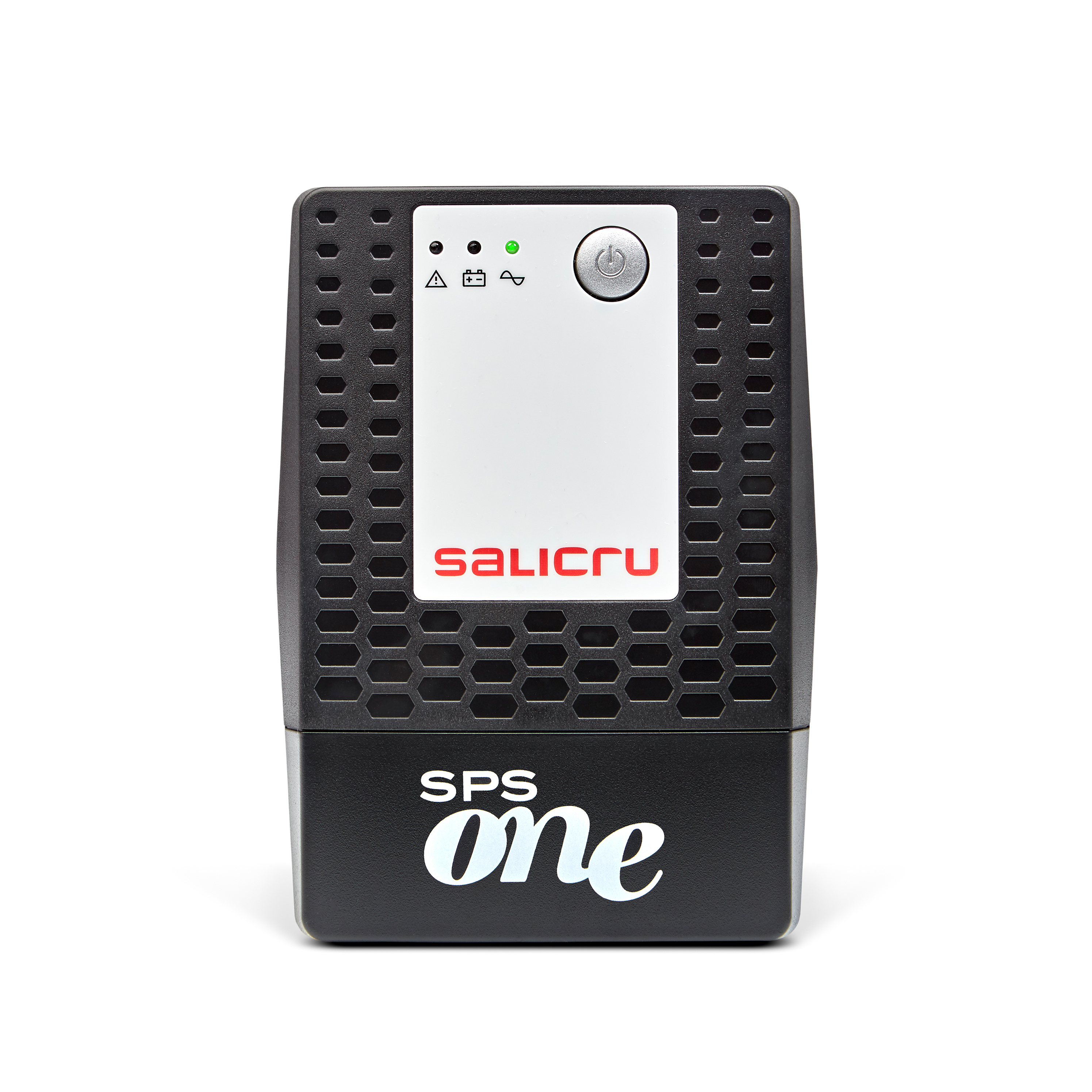 SAI negro con panel blanco y botón de encendido. Tiene una luz verde. La marca es Salicru. Modelo SPS One.