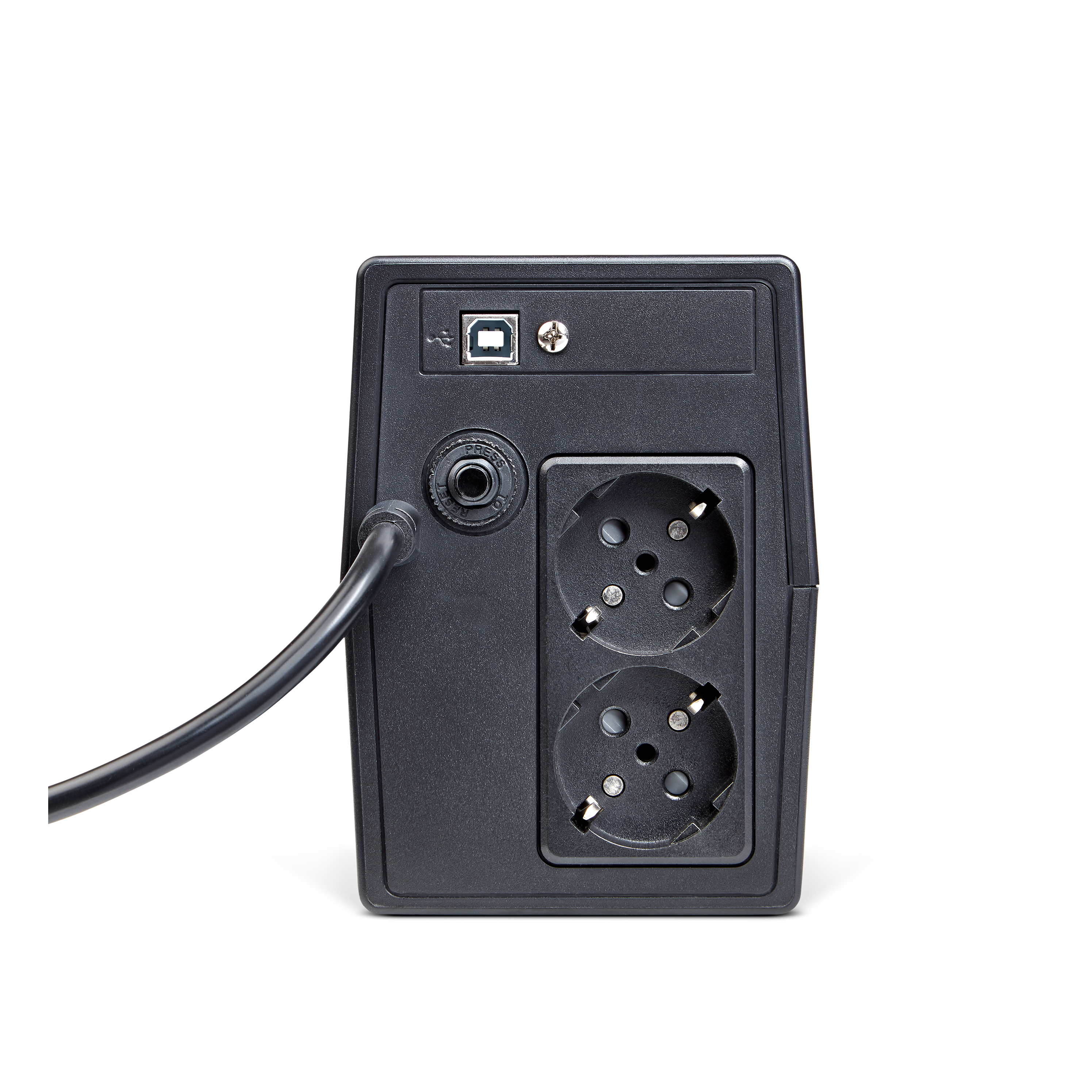 Adaptador de corriente negro con dos enchufes, un puerto USB y un cable de alimentación. Aislado sobre fondo blanco.