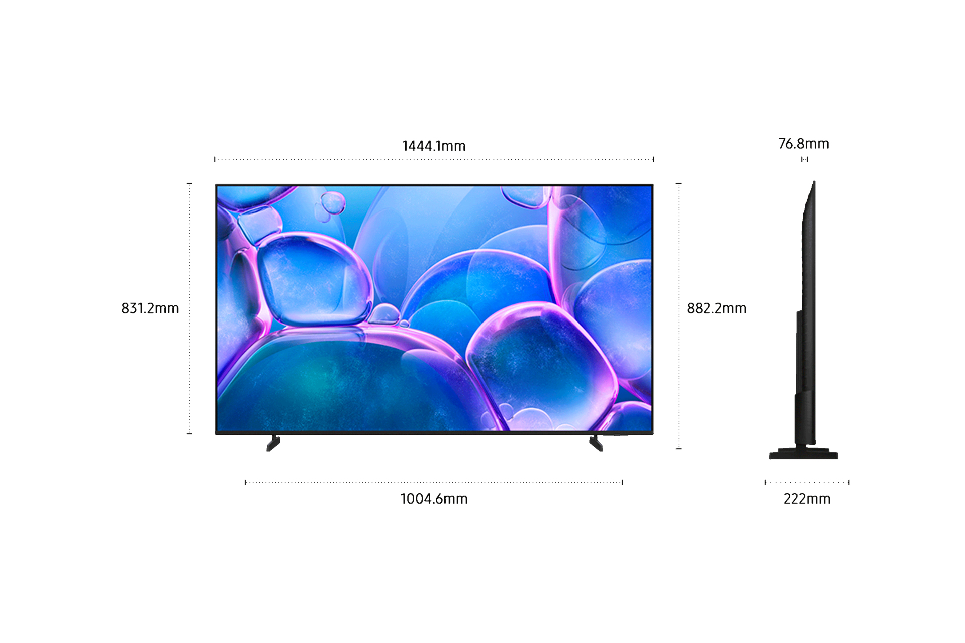 Telewizor z wymiarami. Ekran wyświetla niebieski i fioletowy wzór bąbelków. Widok z boku pokazuje grubość telewizora.