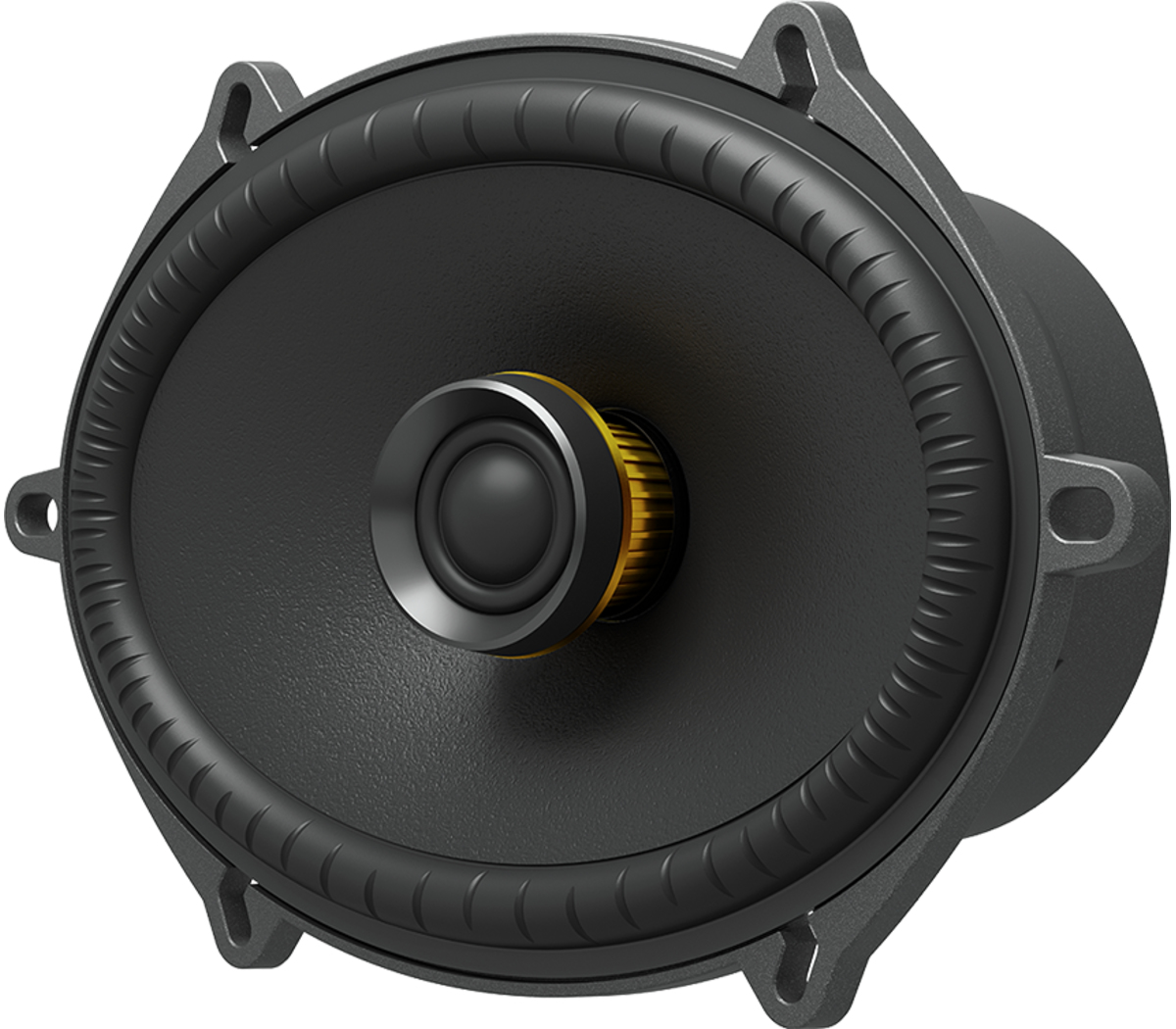Czarny owalny głośnik ze srebrną ramą i złotym środkiem. Głośnik jest wyizolowany na białym tle.