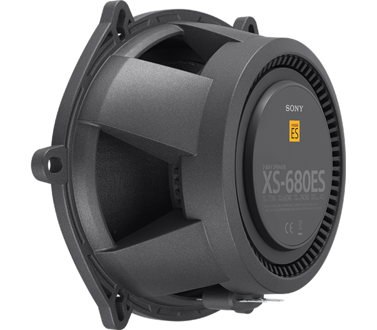 Zbliżenie czarnego głośnika Sony. Ma nazwę modelu XS-680ES. Głośnik ma okrągły kształt i metalowe wykończenie.