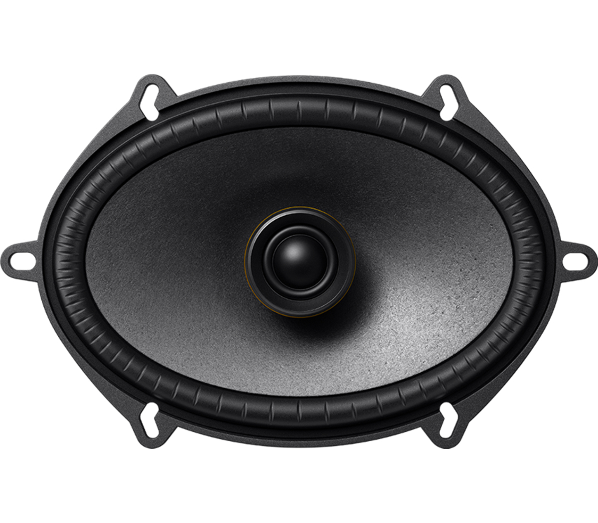 Owalny czarny głośnik samochodowy z czarnym stożkiem i małym głośnikiem centralnym, otoczony czarną ramą.