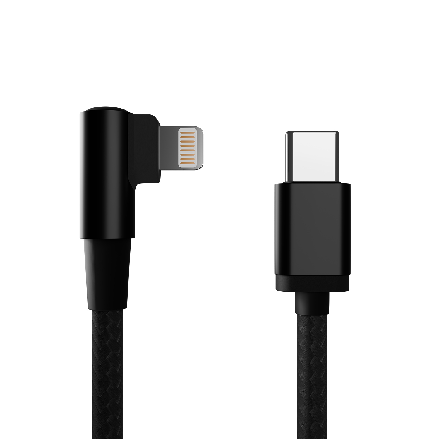 Un cavo di ricarica nero con connettore Lightning angolato e connettore USB-C su sfondo bianco.