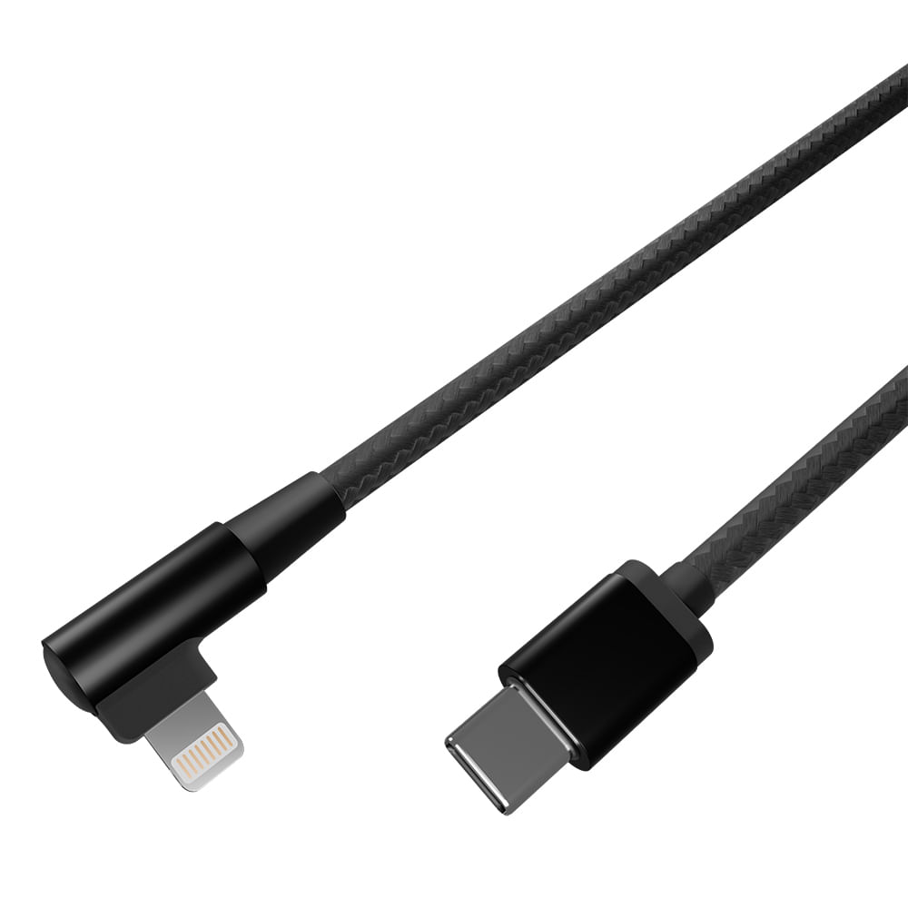 Cavo di ricarica nero con connettore USB-C da un lato e connettore Lightning dall'altro, angolato su una superficie bianca.