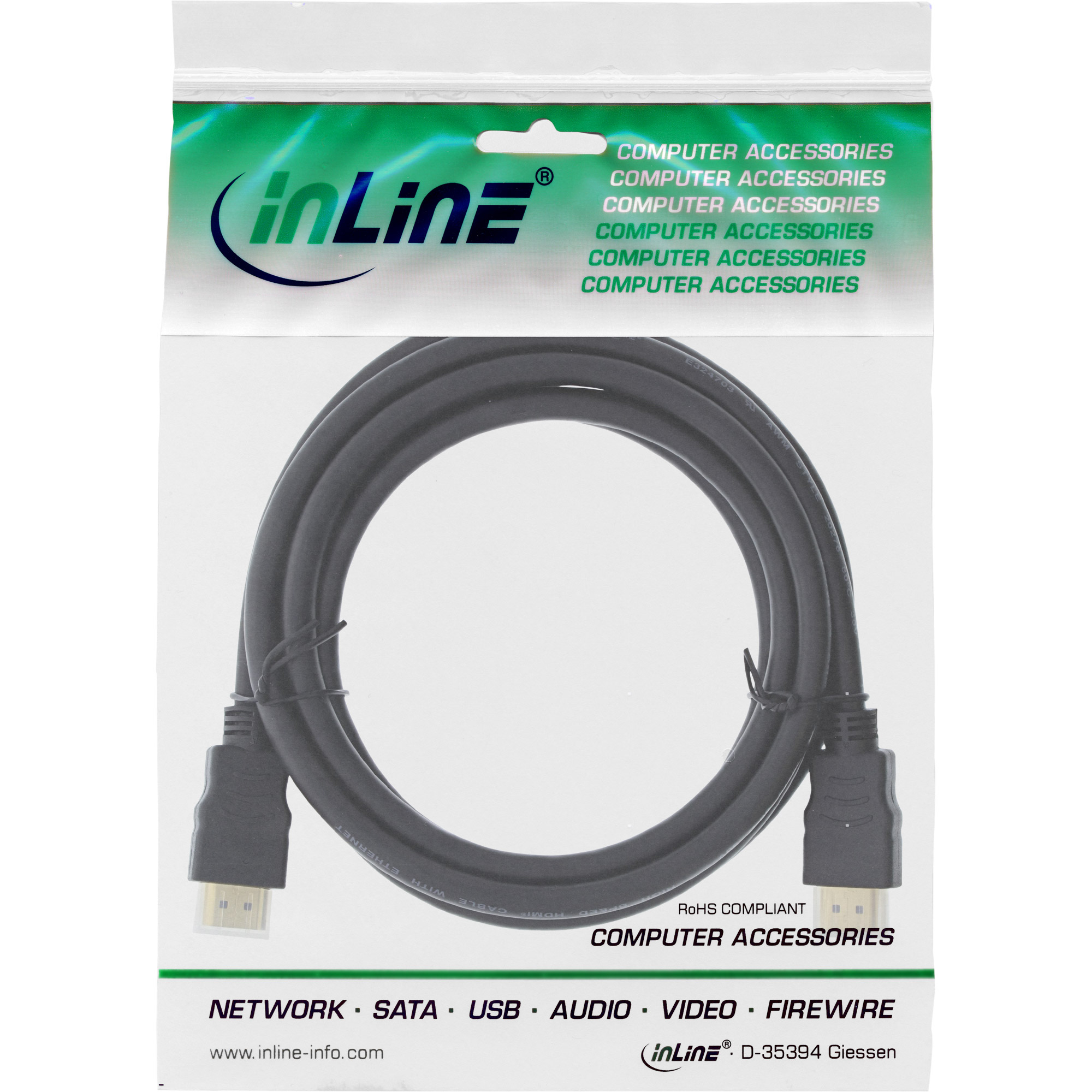 Ein schwarzes HDMI-Kabel in einer Plastikverpackung mit der Aufschrift 'inLine' und 'Computer Accessories'.