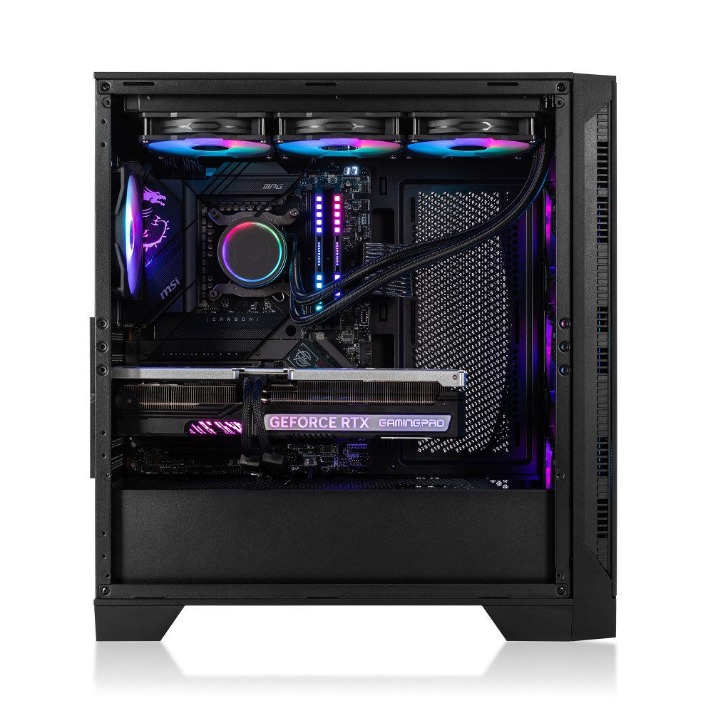 Offener PC-Gehäuse mit Innenkomponenten: MSI-Motherboard, GeForce RTX-Grafikkarte, Flüssigkeitskühler, farbige LED-Lüfter und -Lichter.